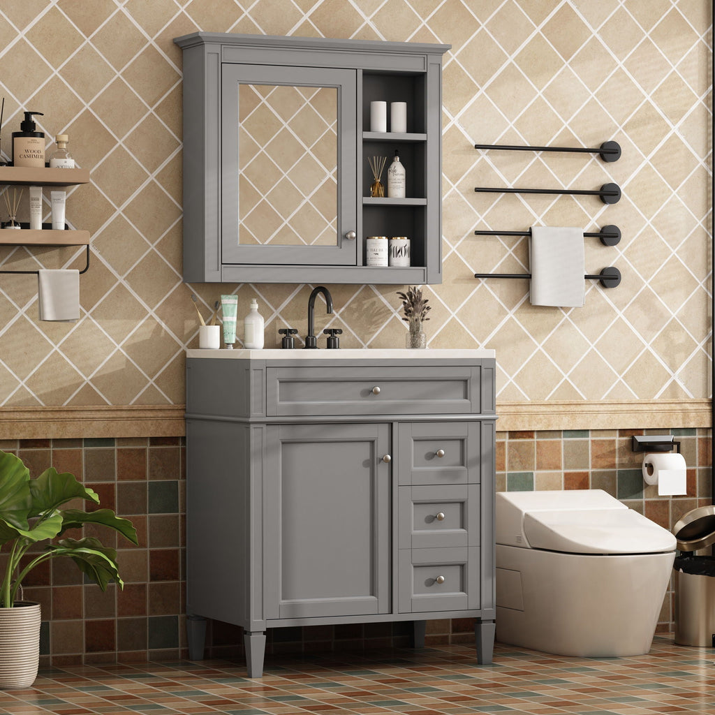 Bathroom Vanity With Top Sink, Freestanding Storage Cabinet With 2 Doors And 3 Drawers, Mirror Cabinet Included - Gray
