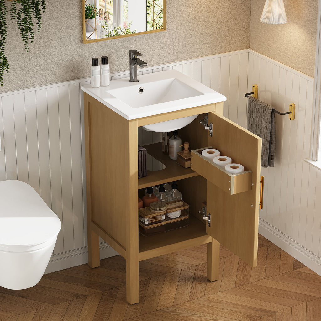 Bathroom Cabinet With Sink, Adjustable Shelf, Soft Closing Hinges - Natural Wood