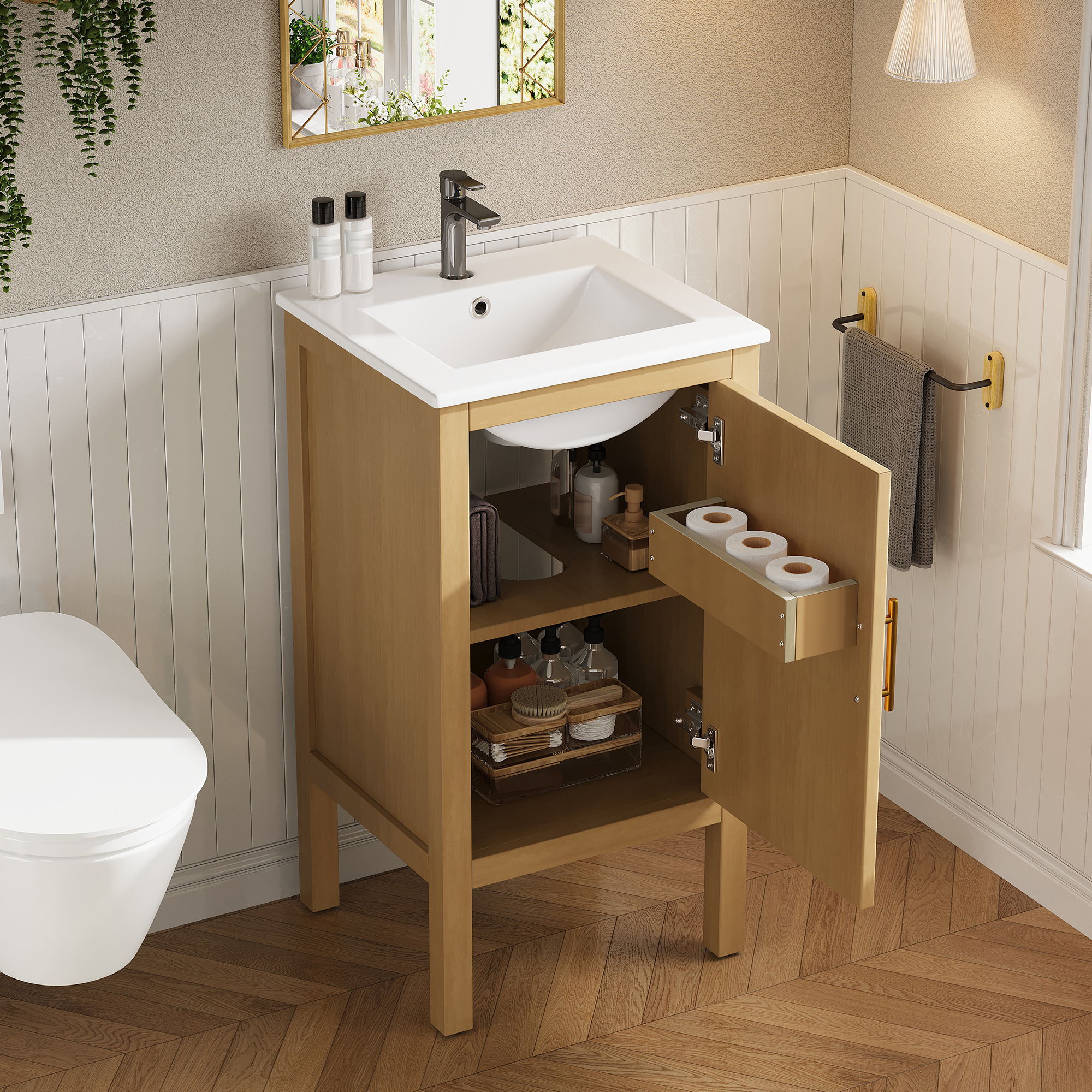 Bathroom Cabinet With Sink, Adjustable Shelf, Soft Closing Hinges - Natural Wood