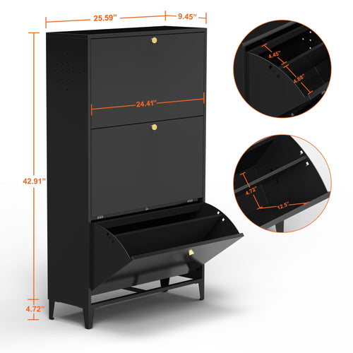3 Drawer All Steel Shoe Cabinet, Freestanding Storage Organizer With Flip Door