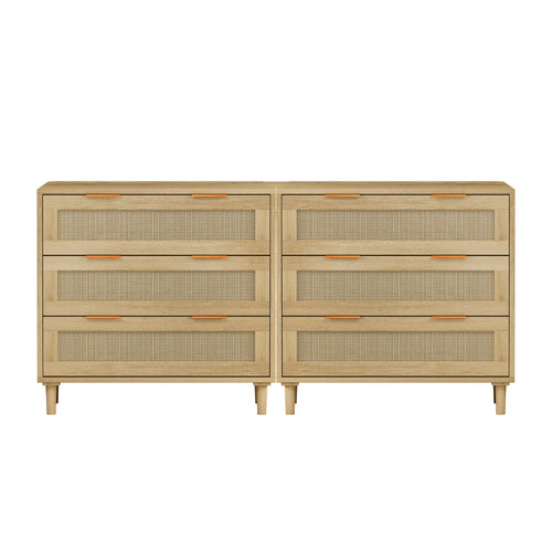 3 Drawers Rattan Storage Cabinet Rattan Drawer, For Bedroom, Living Room, Dining Room, Hallways (Set of 2) - Oak
