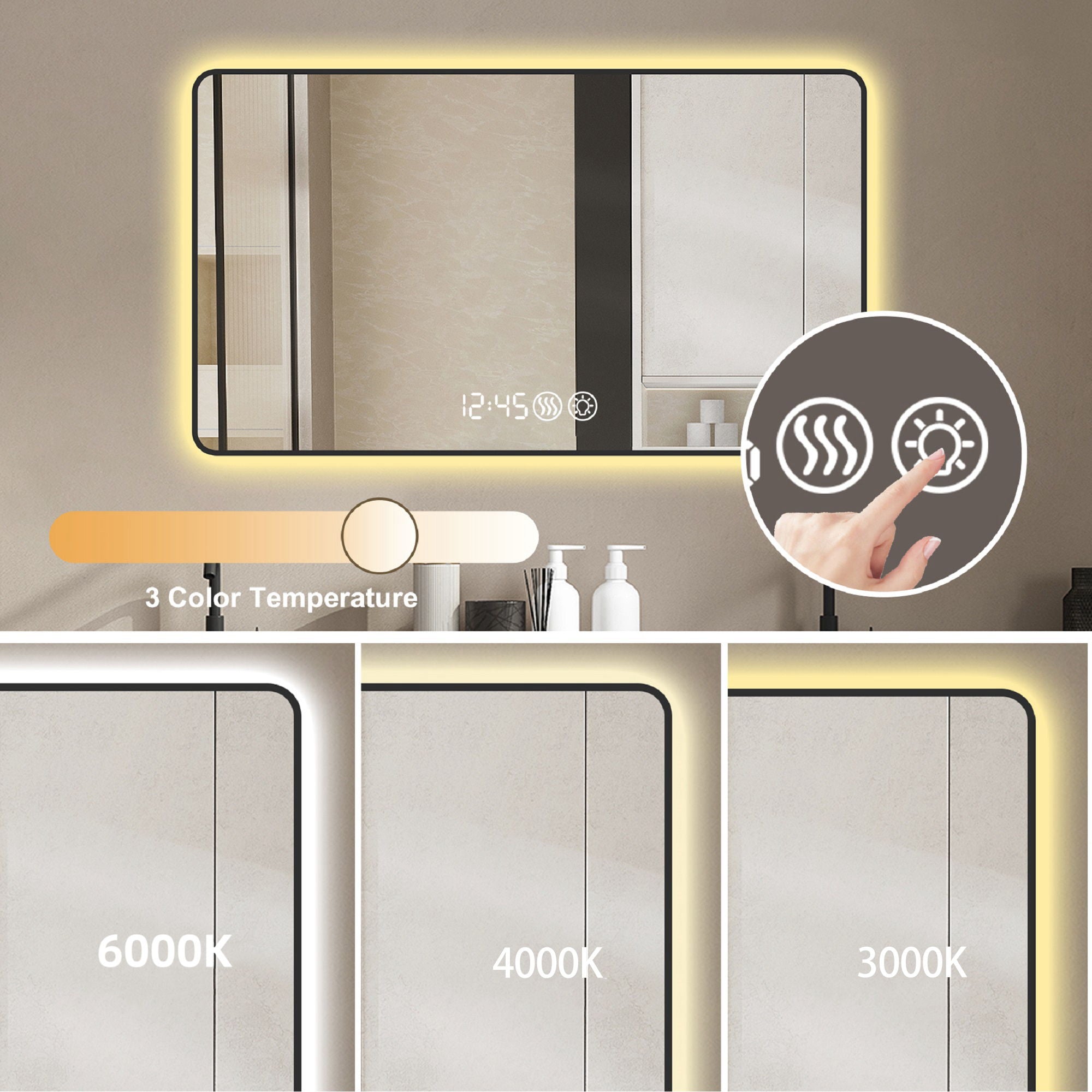 Wall Mirror With Rounded Corners, Temperature Display, Tri-Color Light, Defogging