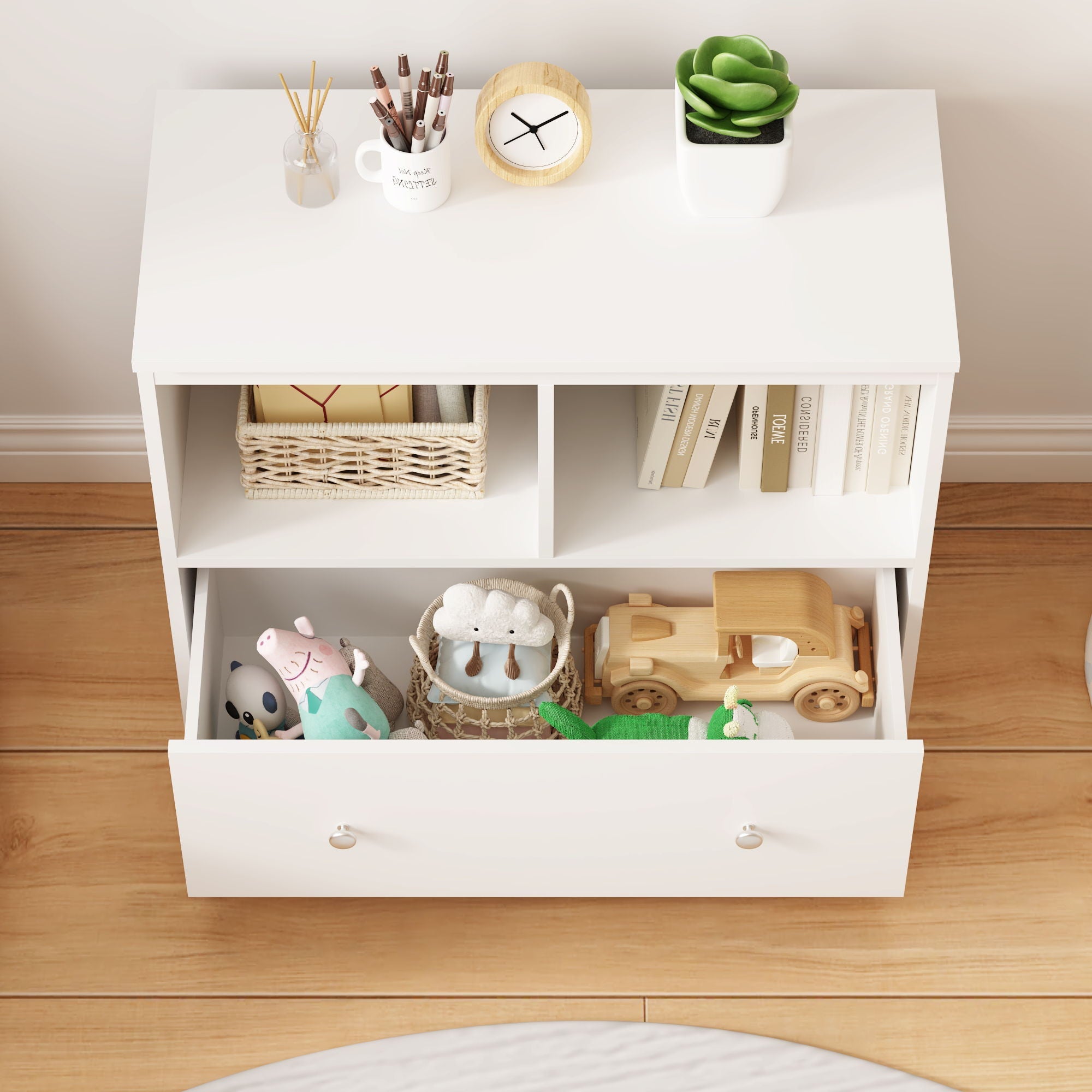 Toy Storage Organizer With Large Drawer And Low Bookshelf For Nursery & Playroom - White