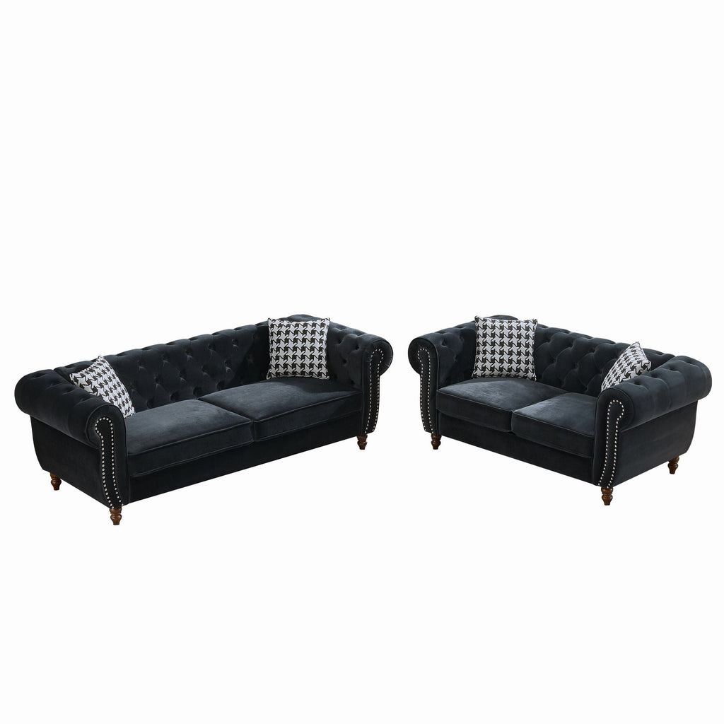 Chesterfield 3 And 2 Seater Upholstery Sofa With Roll Armrest & Nailhead Fabric Couch