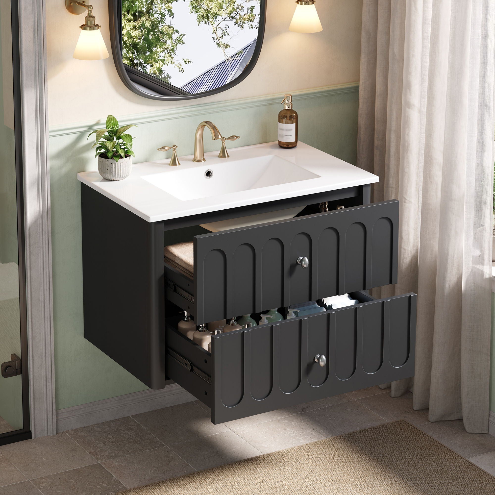 Floating Bathroom Vanity With Oval Knobs & Round Edge, Soft Close Drawer Slides