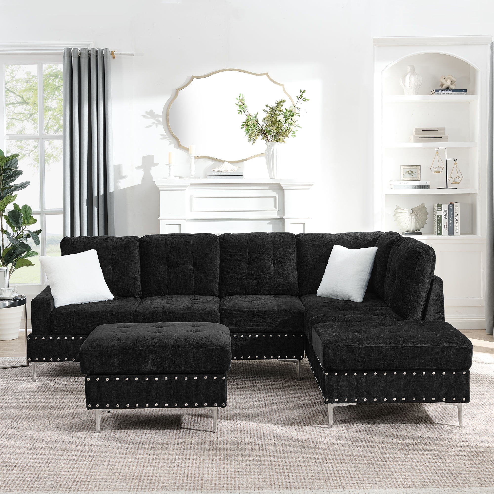 L-Shaped Sectional Sofa With Chaise And Storage Ottoman, Includes 2 Pillows