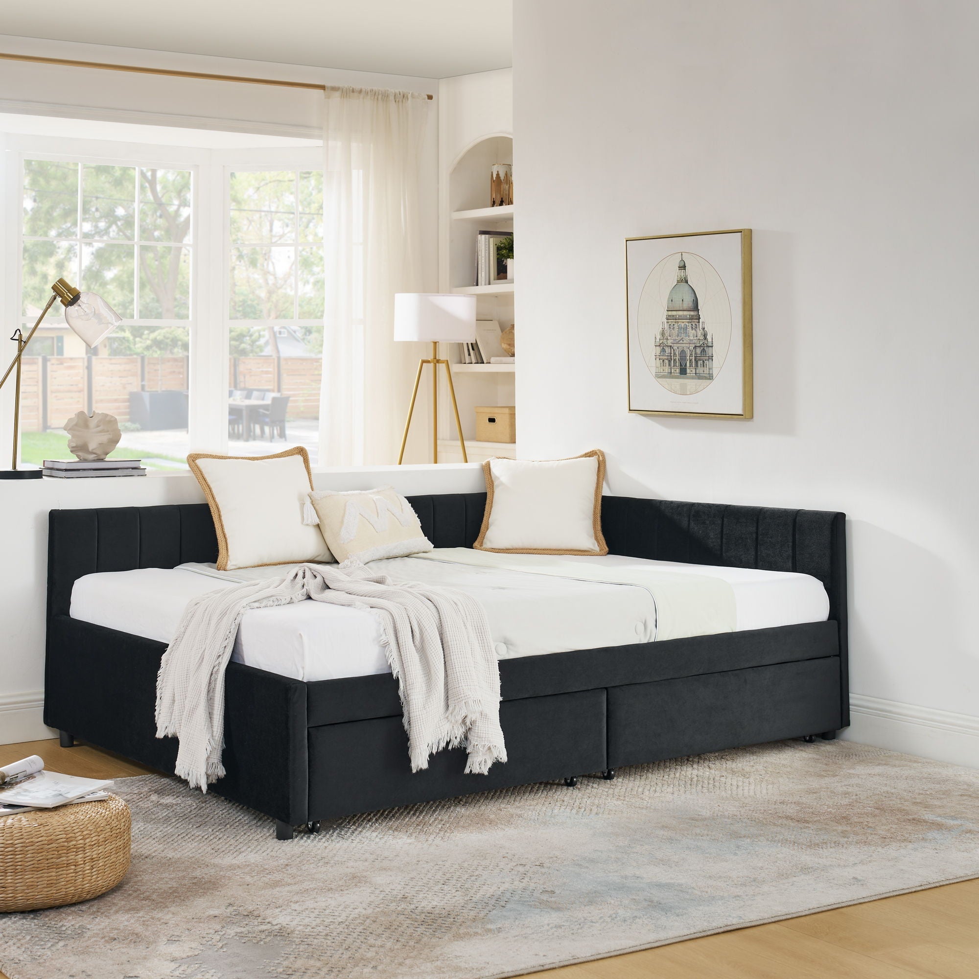 Upholstered Tufted Daybed Frame With Storage Drawers