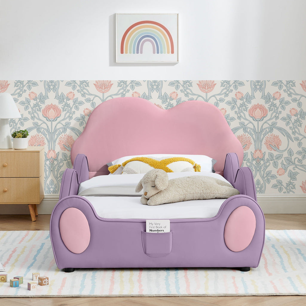 Cute Cloud Shape Bed With Guardrails Cartoon Design, Storage Pocket