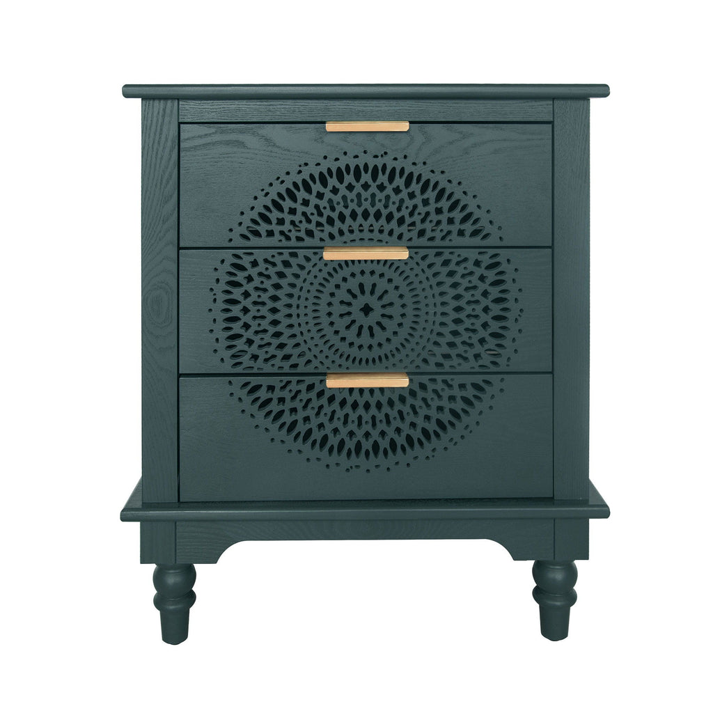 Hollow Carved 3 Drawer Dresser With Metal Handles, Storage Chest For Living Room Or Bedroom - Blackish Green