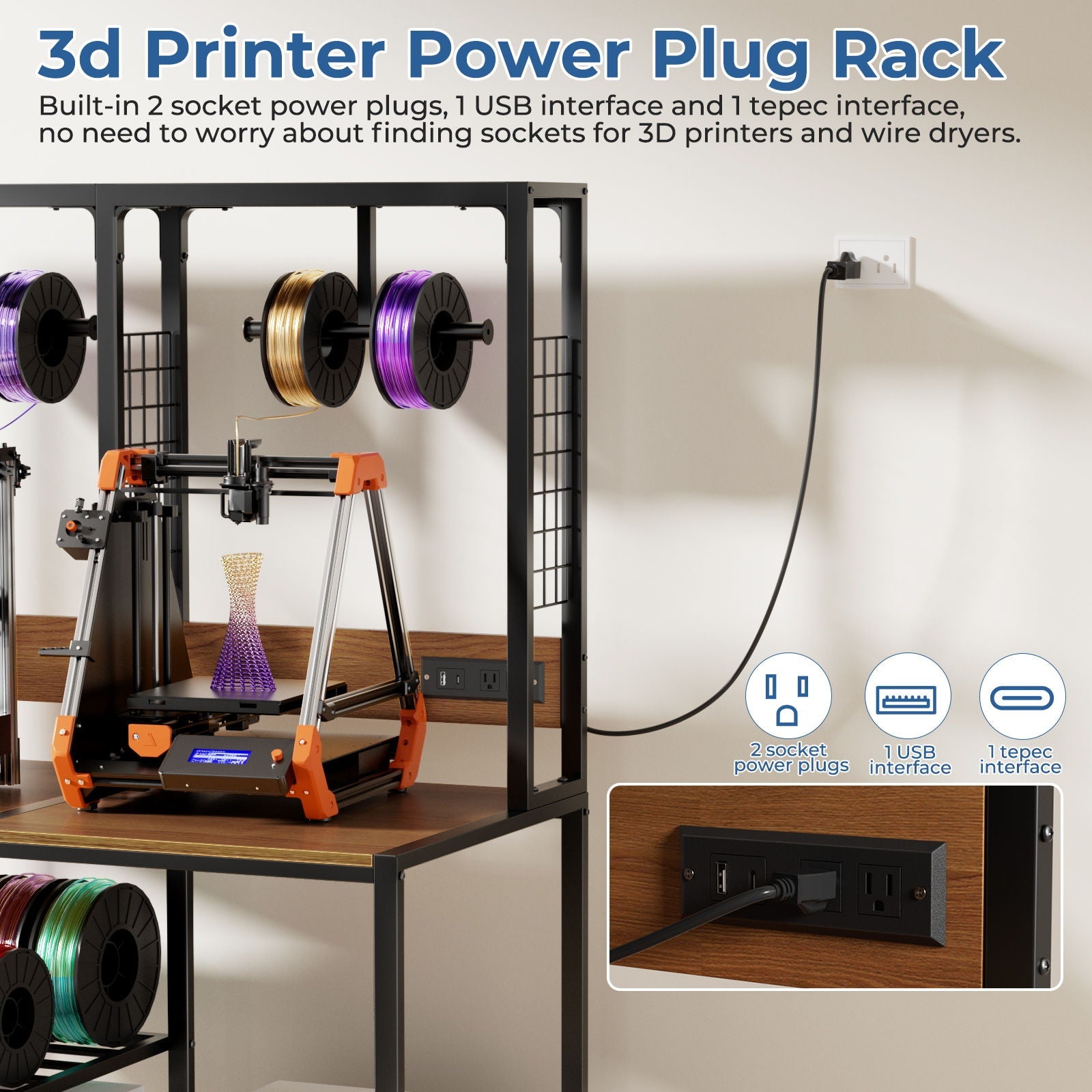 Double 3D Printer Stand With Filament Storage, T-Type Filament Holder, Lockable Wheel, Mobile Or Fixed Printer Rack For Home - Black