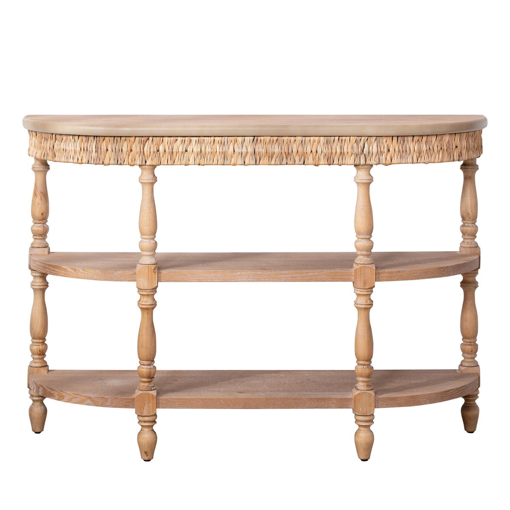 Handcrafted Console Table With Hand Woven Trim, 3 Tier Storage Shelves - Natural