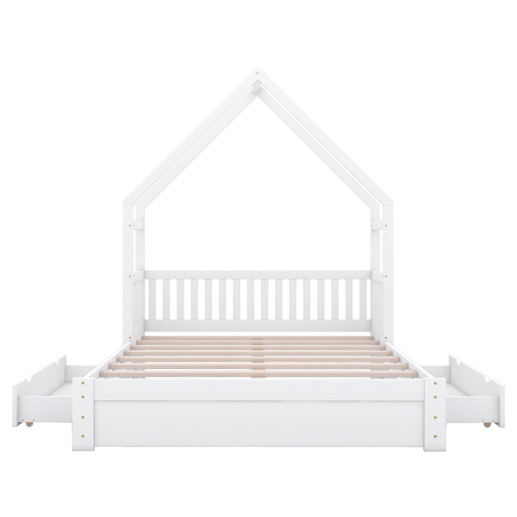 House Style Platform Bed With Guardrail And 2 Drawers