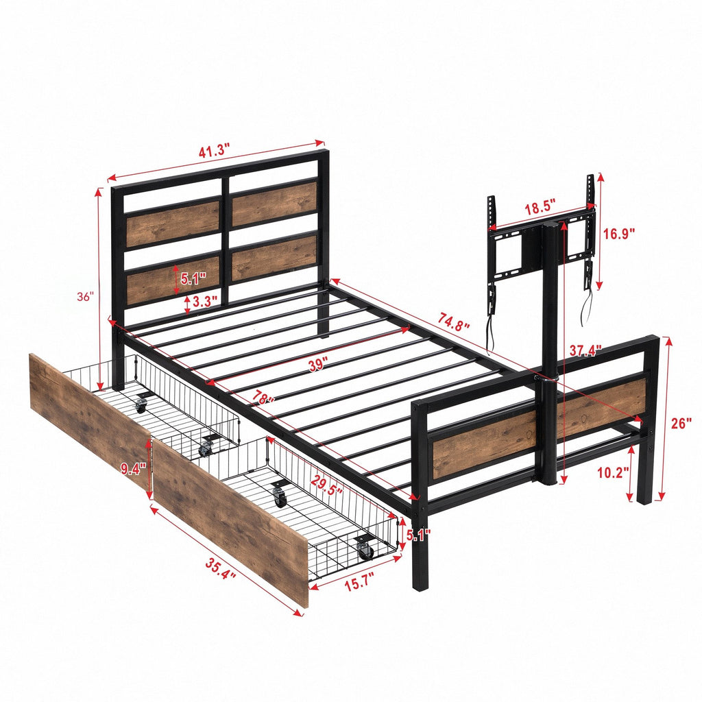 Twin Size Platform Bed With Headboard And Footboard, 2 Storage Drawers And Rotatable TV Stand - Black