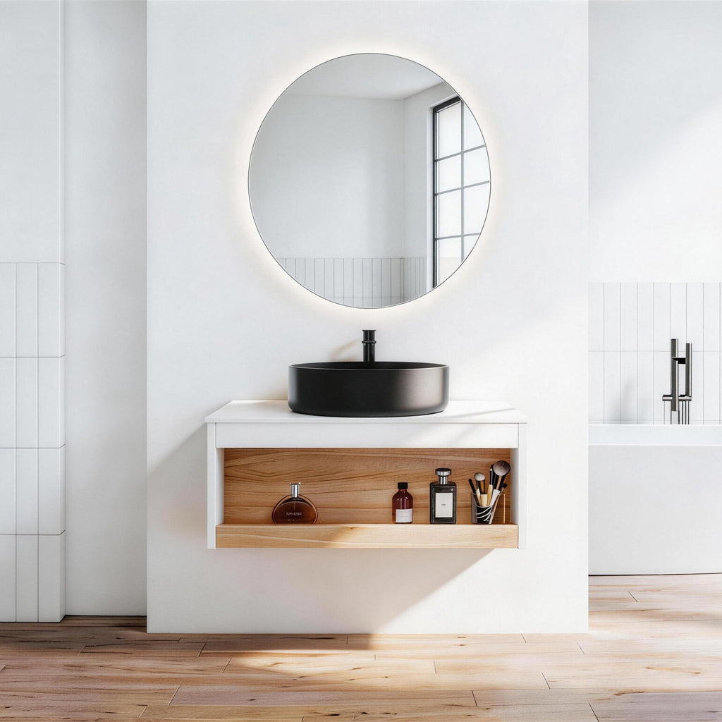 Floating Bathroom Vanity With Glossy Round Vessel Sink