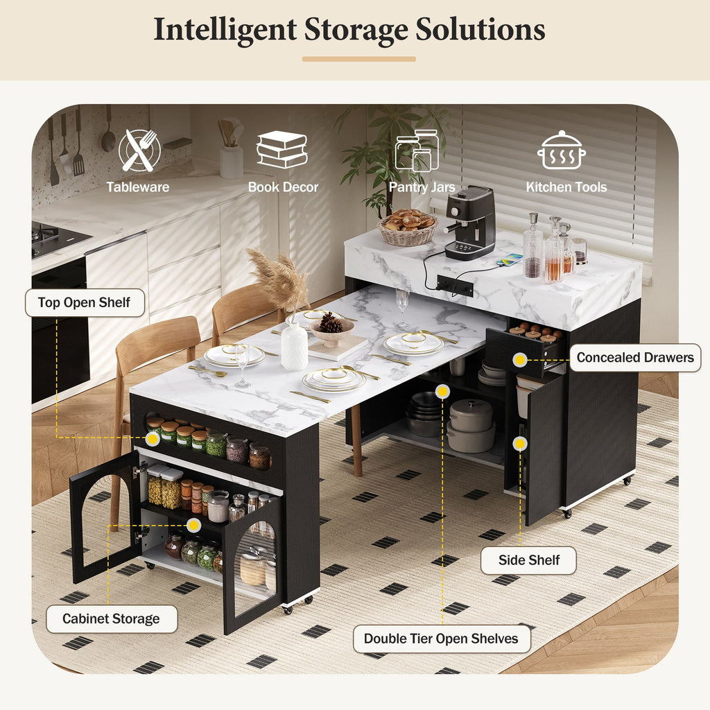 Extendable Dining Table With Folding Top, Rolling Kitchen Island With Drawers And Power Outlet