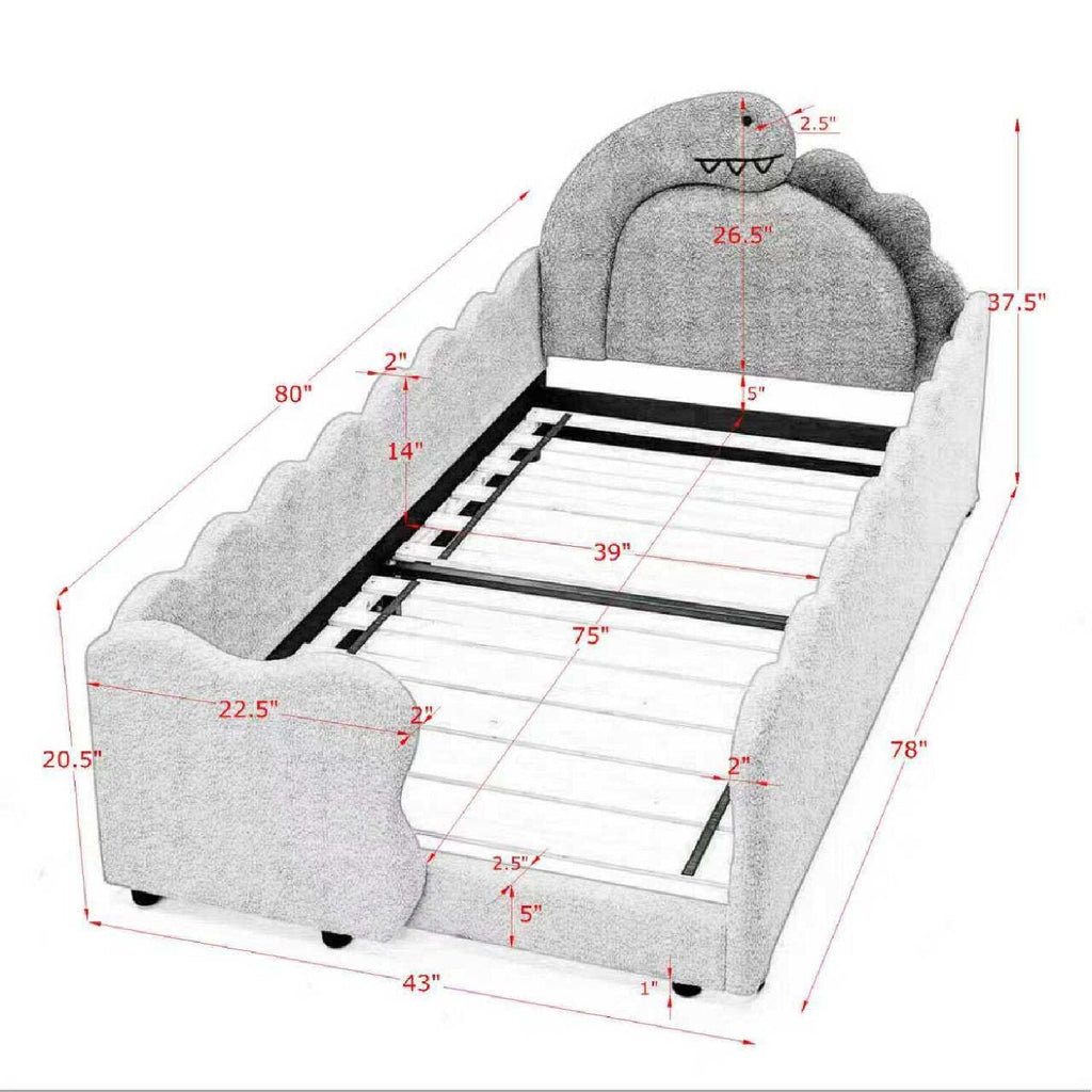 Cute Dinosaur Shaped Bed With Safety Guardrail, Toddler Frame