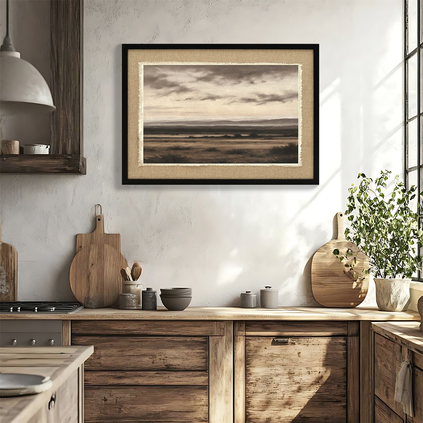 Vintage Landscape Large Framed Wall Art, Nature Wilderness Scenery Paintings Decor Aesthetic - Ember Black / Linen Sesame