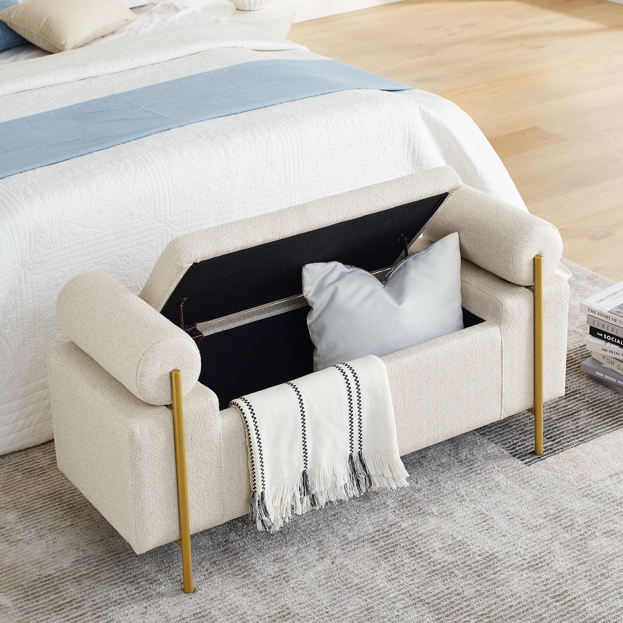 Elegant Upholstered Storage Bench With Cylindrical Arms And Iron Legs,