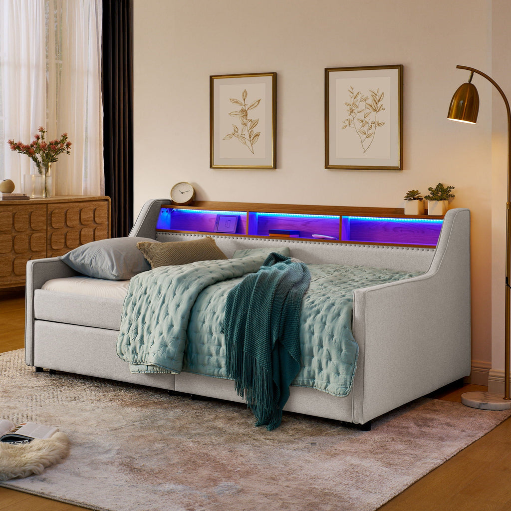 Twin Upholstered Sofa Bed With LED Lights, Storage Drawers, Adjustable Headboard & Wireless Charging - Beige