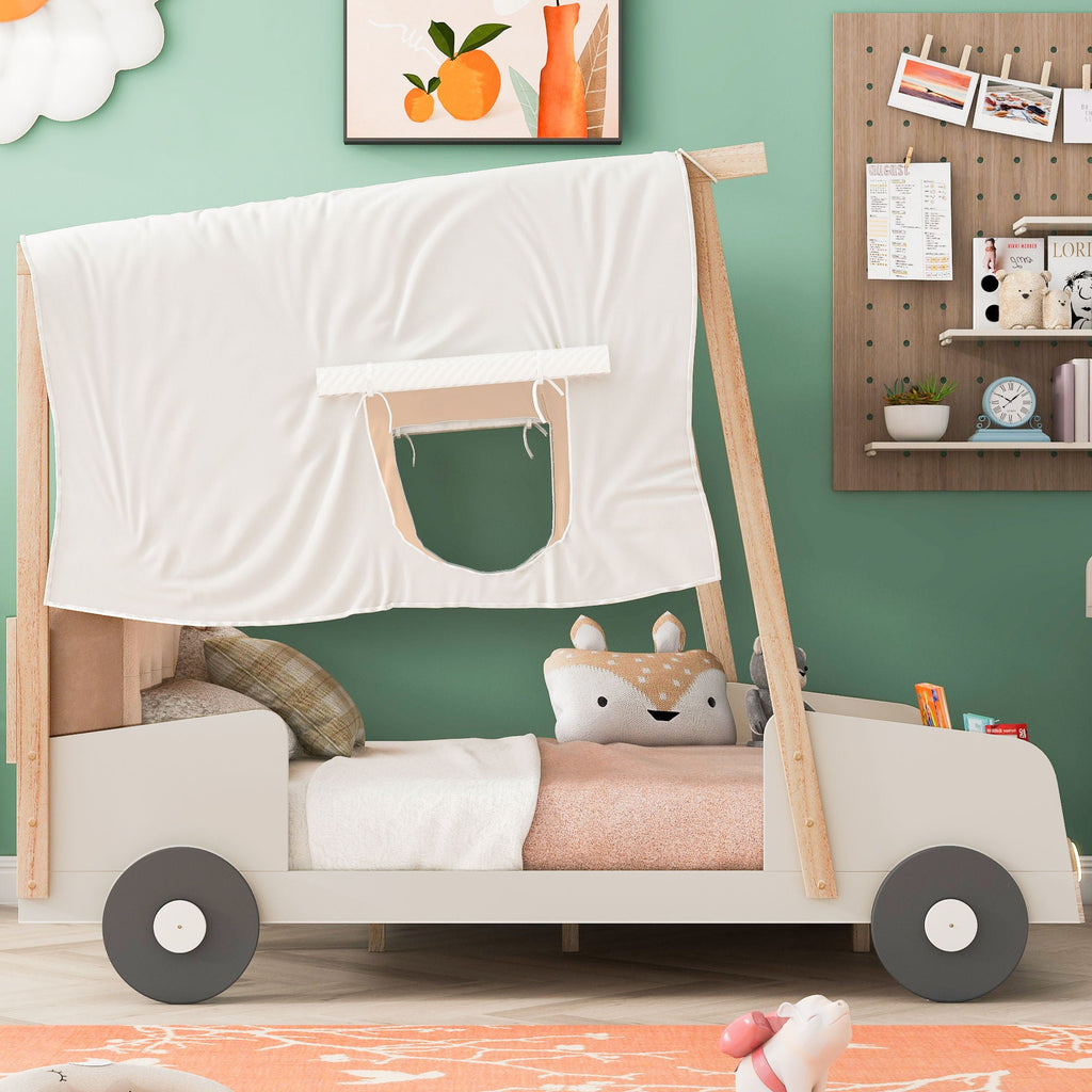 Twin Size Car Bed & Pillow, Ceiling Cloth And LED - Natural