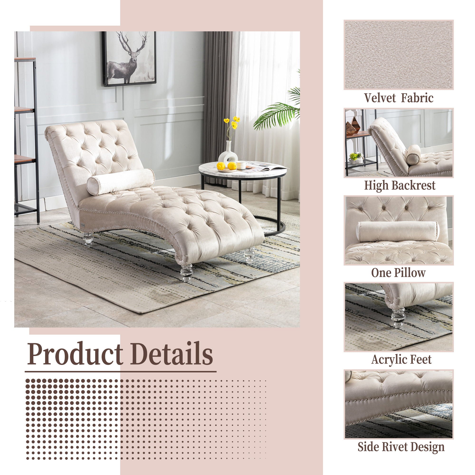 Chaise Lounge Indoor, Button Tufted Upholstered Chaise Lounge Chair With Pillow