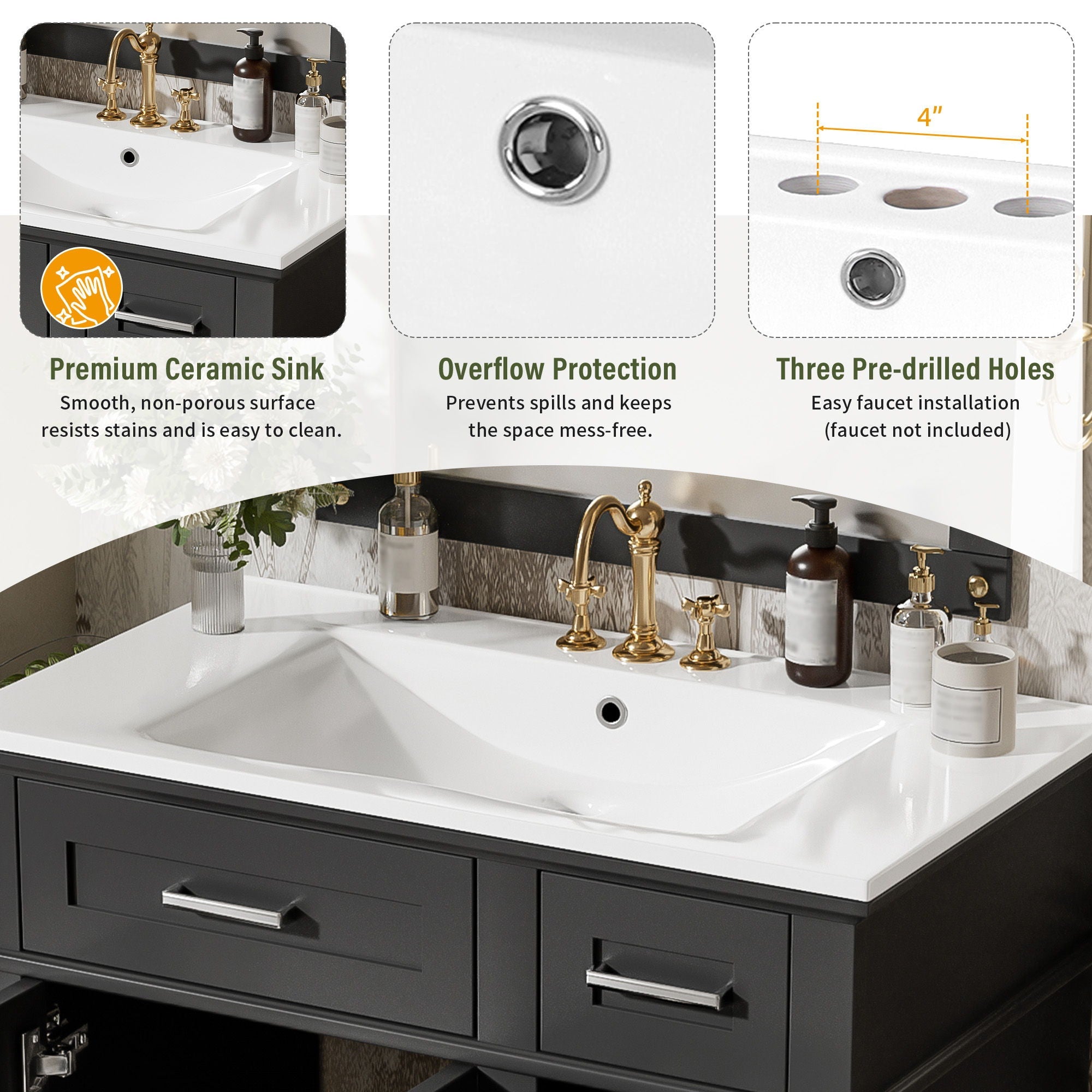 Modern Bathroom Vanity With Sink, Storage Cabinet, Soft Close Doors, Deep & Standard Drawers