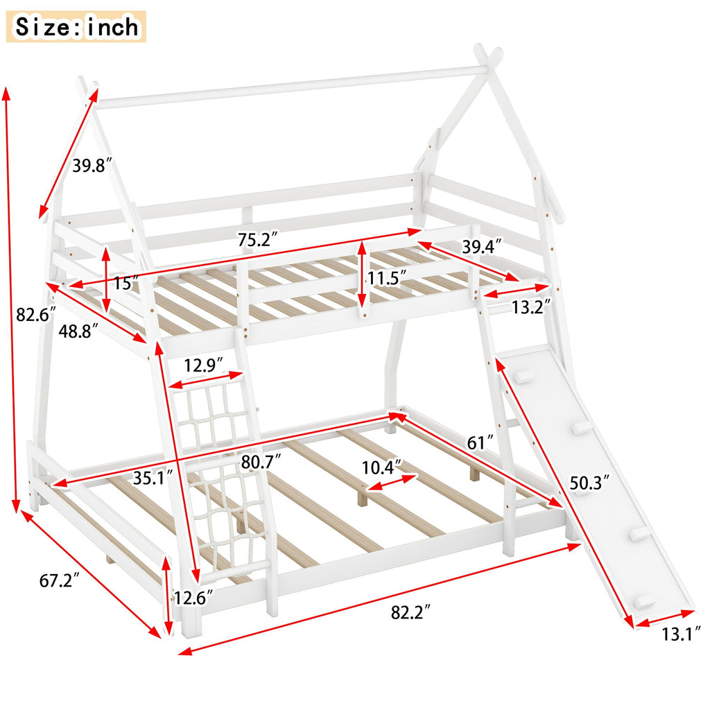 Georgiana - Twin Over Queen House Bunk Bed With Climbing Nets And Climbing Ramp