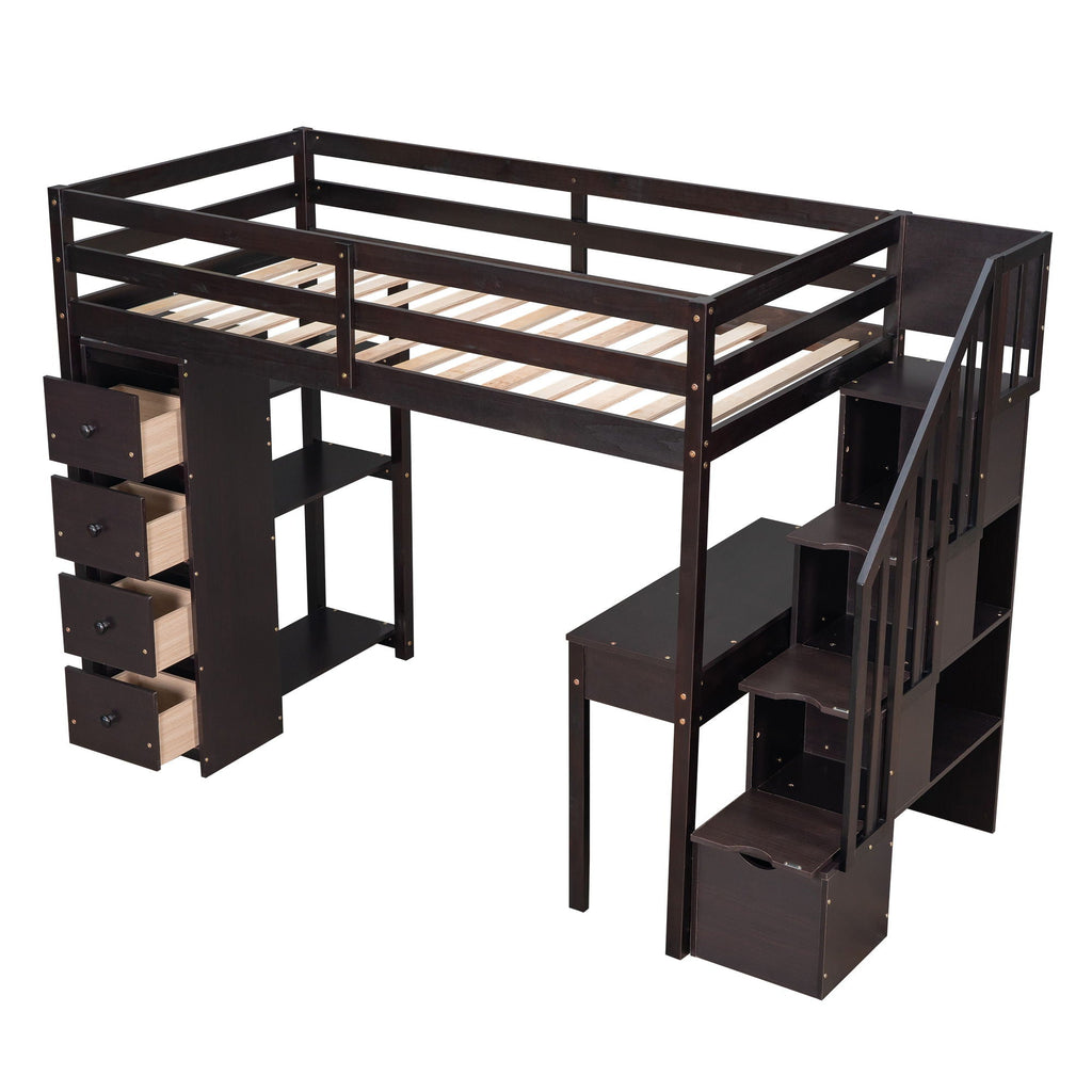 Loft Bed With Storage Drawers, Desk And Stairs With Shelves