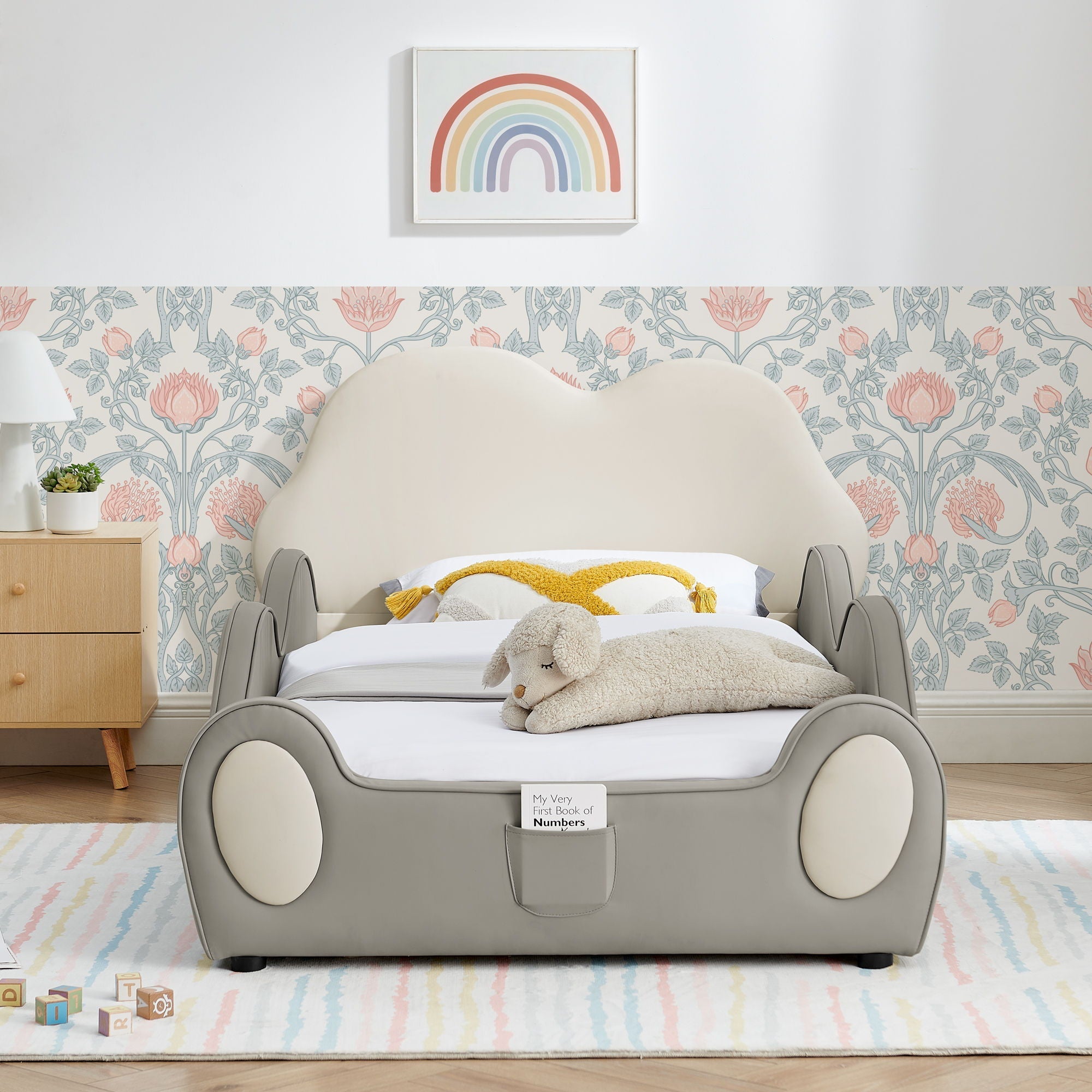 Cute Cloud Shape Bed With Guardrails Cartoon Design, Storage Pocket