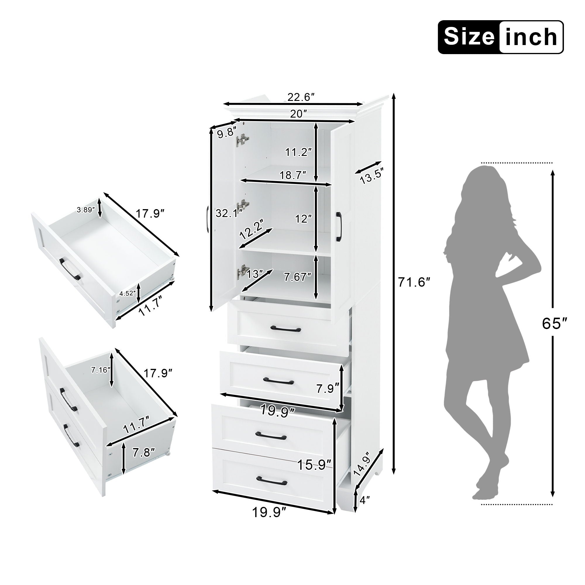 Bathroom Vanity With 2 Damping Hinge Doors, 3 Drawers, Adjustable Shelves - White