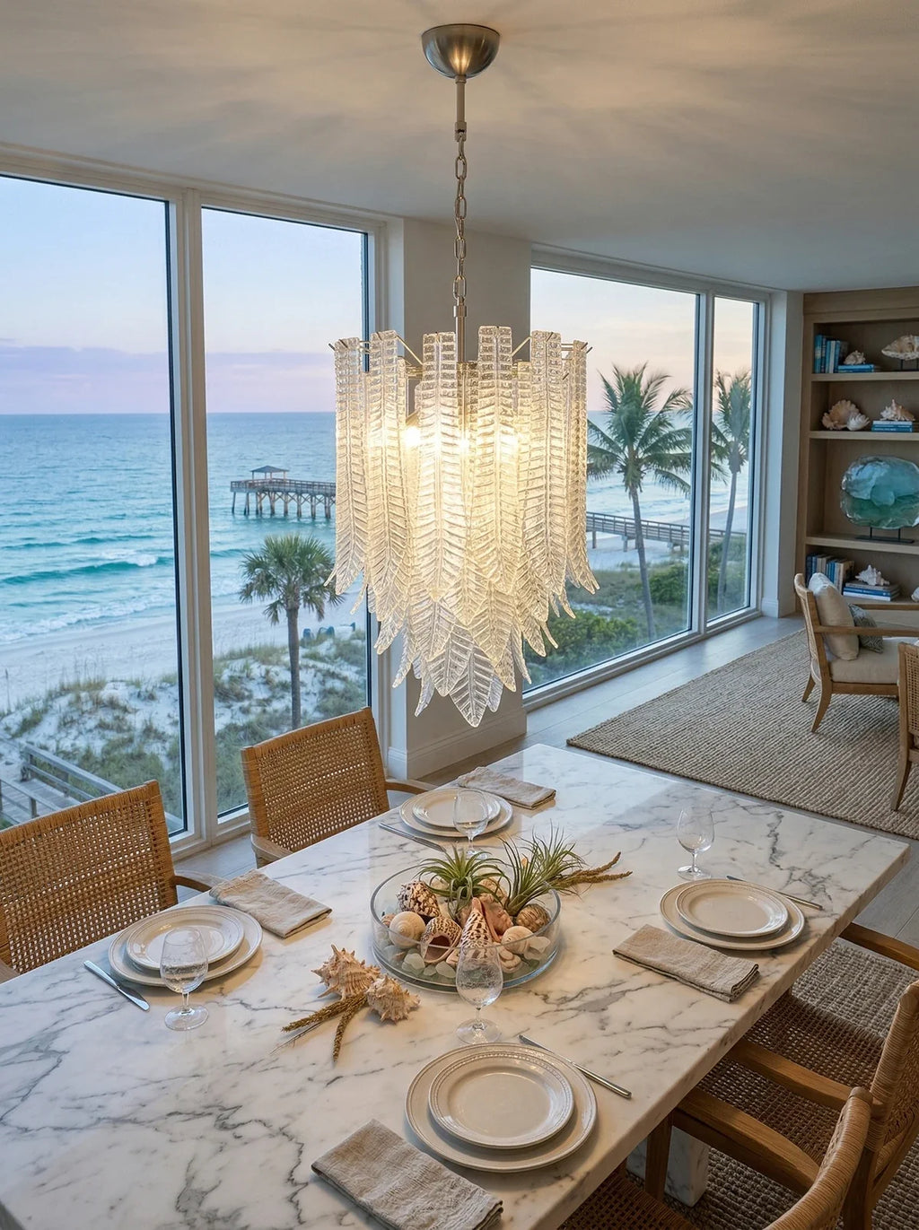 Leaf-Textured Layered Glass Chandelier