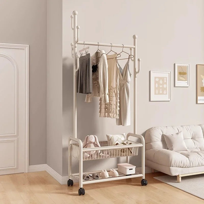 Metal Cream Wheeled Standing Coat Rack Clothes Rack Hat Bag Hanger Bedroom Entryway Hall Closet Organizer Home Furniture