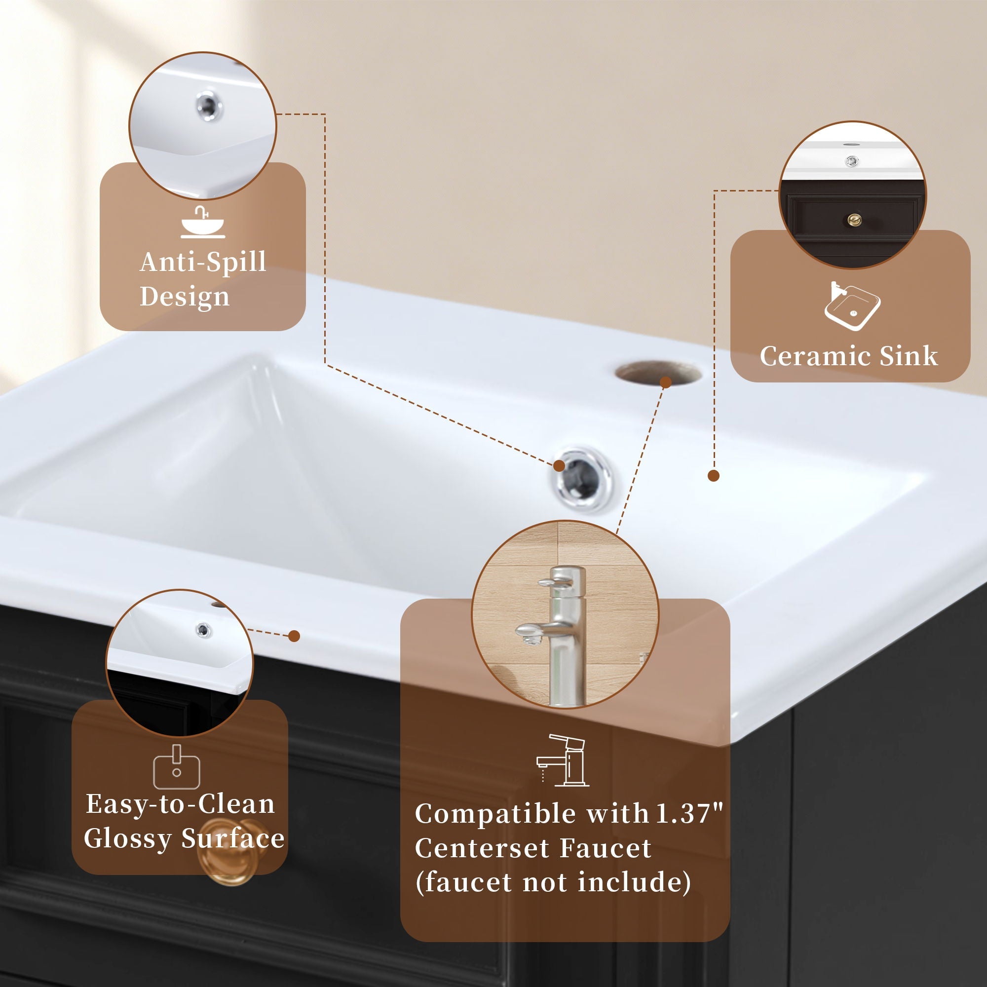 Bathroom Vanity With Sink, Soft-Closing Door, Adjustable Shelf