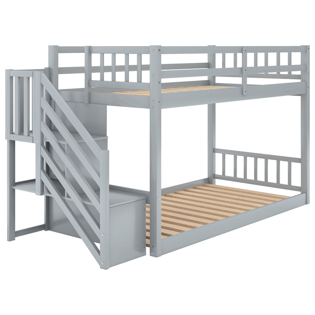 Norset - Twin Over Twin Floor Bunk Bed, Ladder With Storage
