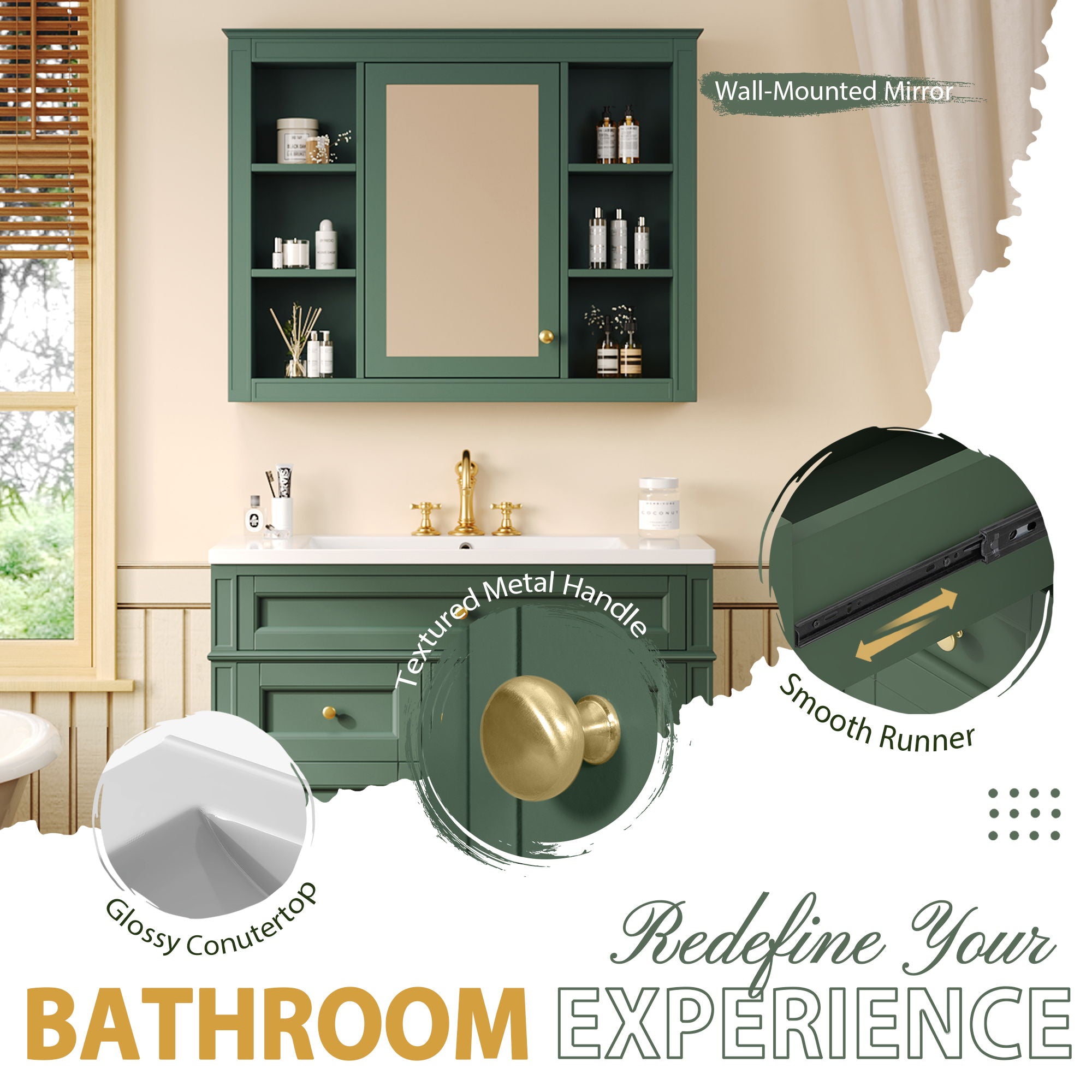 Bathroom Vanity With Mirror Cabinet, Single Sink With 2 Soft Closing Doors And 4 Drawers