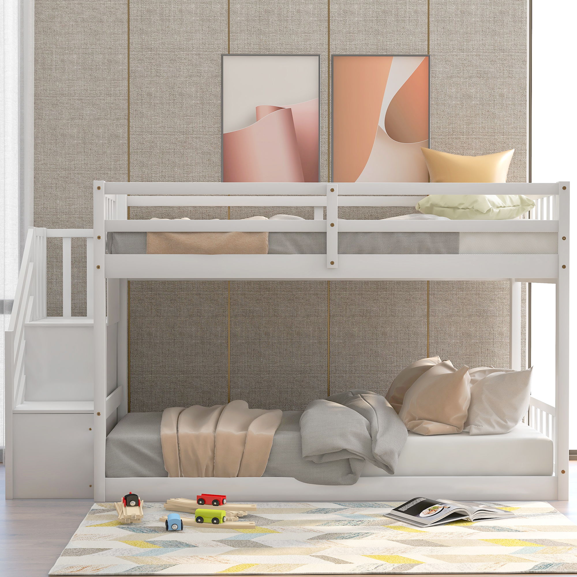 Norset - Twin Over Twin Floor Bunk Bed, Ladder With Storage