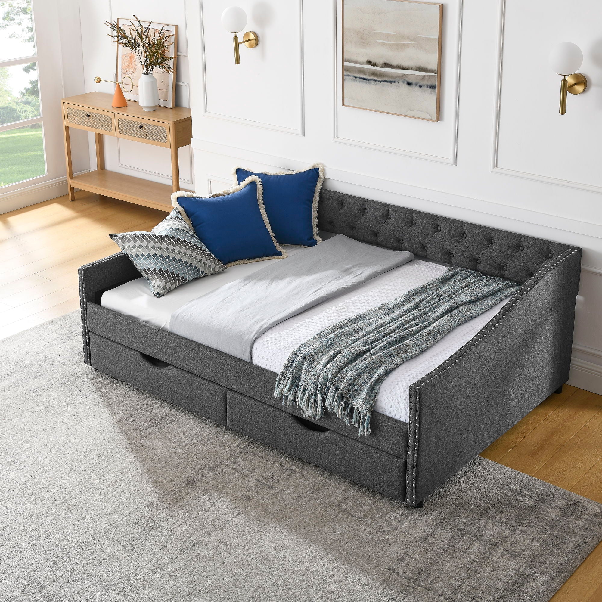 Upholstered Tufted Daybed With 2 Drawers, Waved Arms