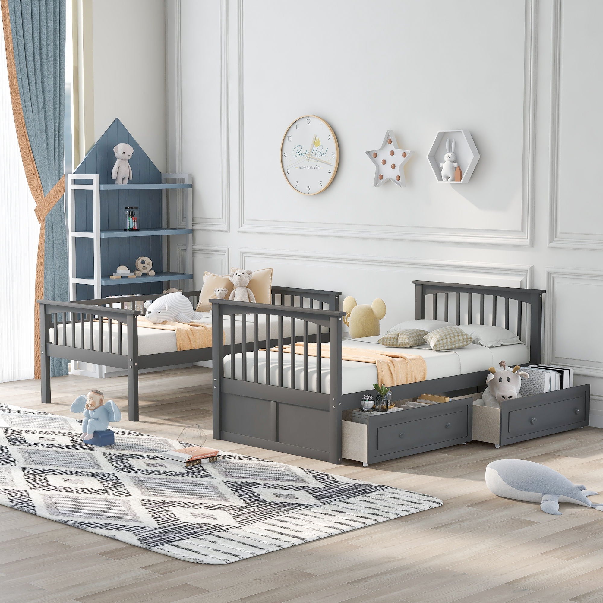 Mystrene - Twin Over Twin Bunk Bed With Drawers, Convertible Beds
