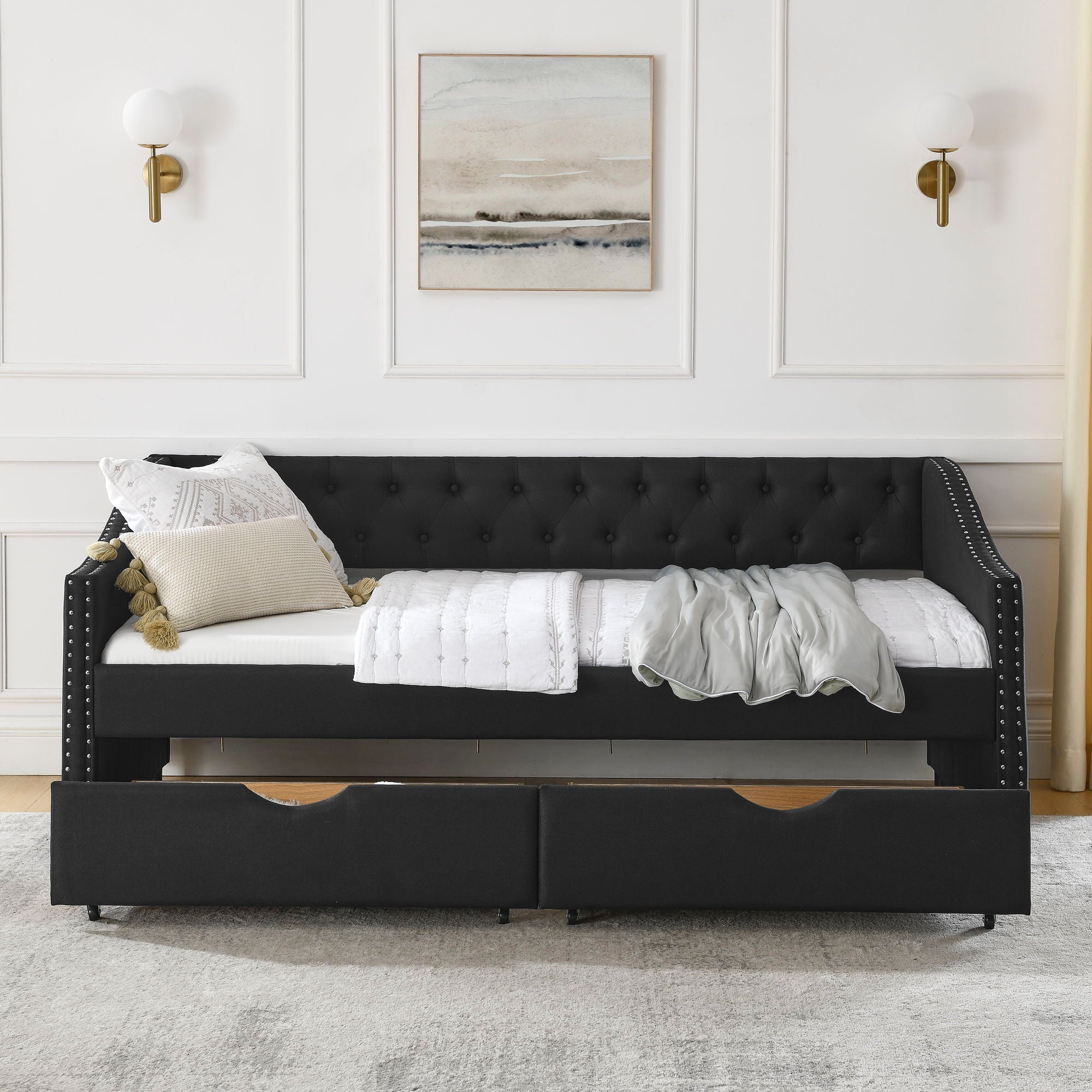Upholstered Tufted Daybed With 2 Drawers, Waved Arms