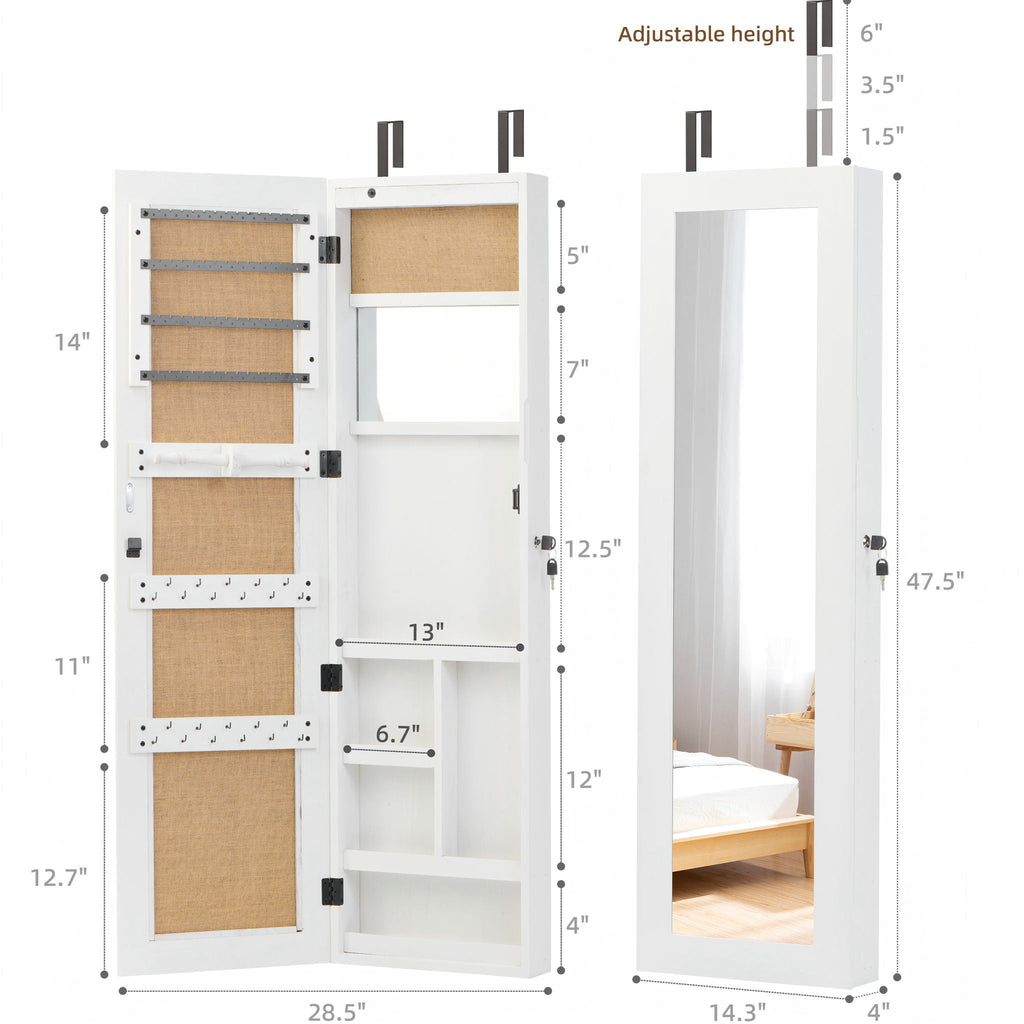 Jewelry Armoire Organizer With Full Length Mirror, Wall Mounted Lockable Cabinet With LED Light