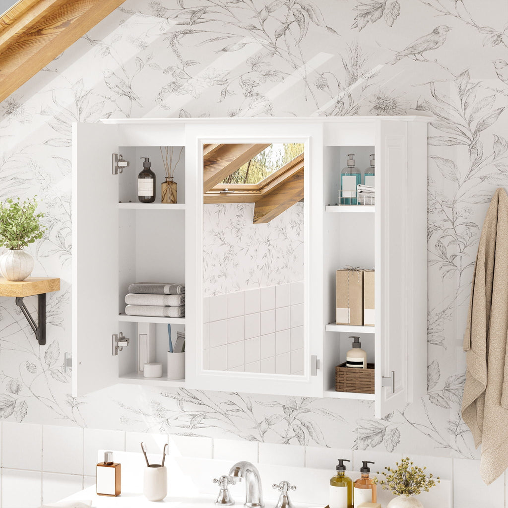 Wall Mounted Mirror Cabinet With 5 Adjustable Shelves, Rectangular Storage For Bathroom - White