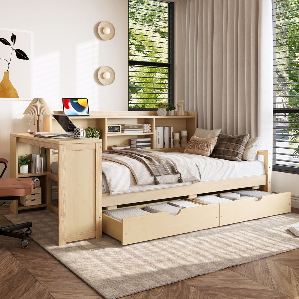 Corner Daybed With Storage Drawers, Desk, Charging Port & Bookcase