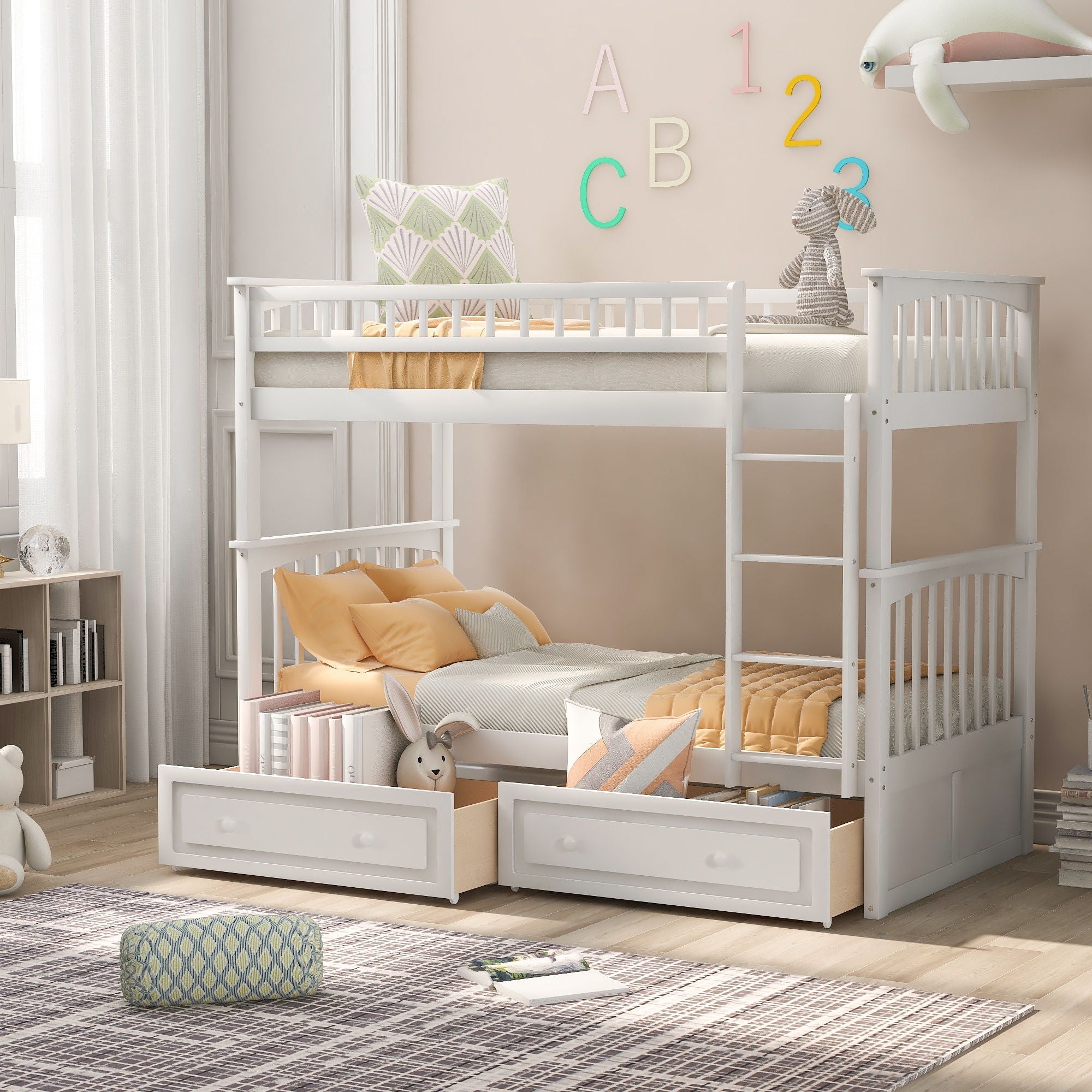 Mystrene - Twin Over Twin Bunk Bed With Drawers, Convertible Beds