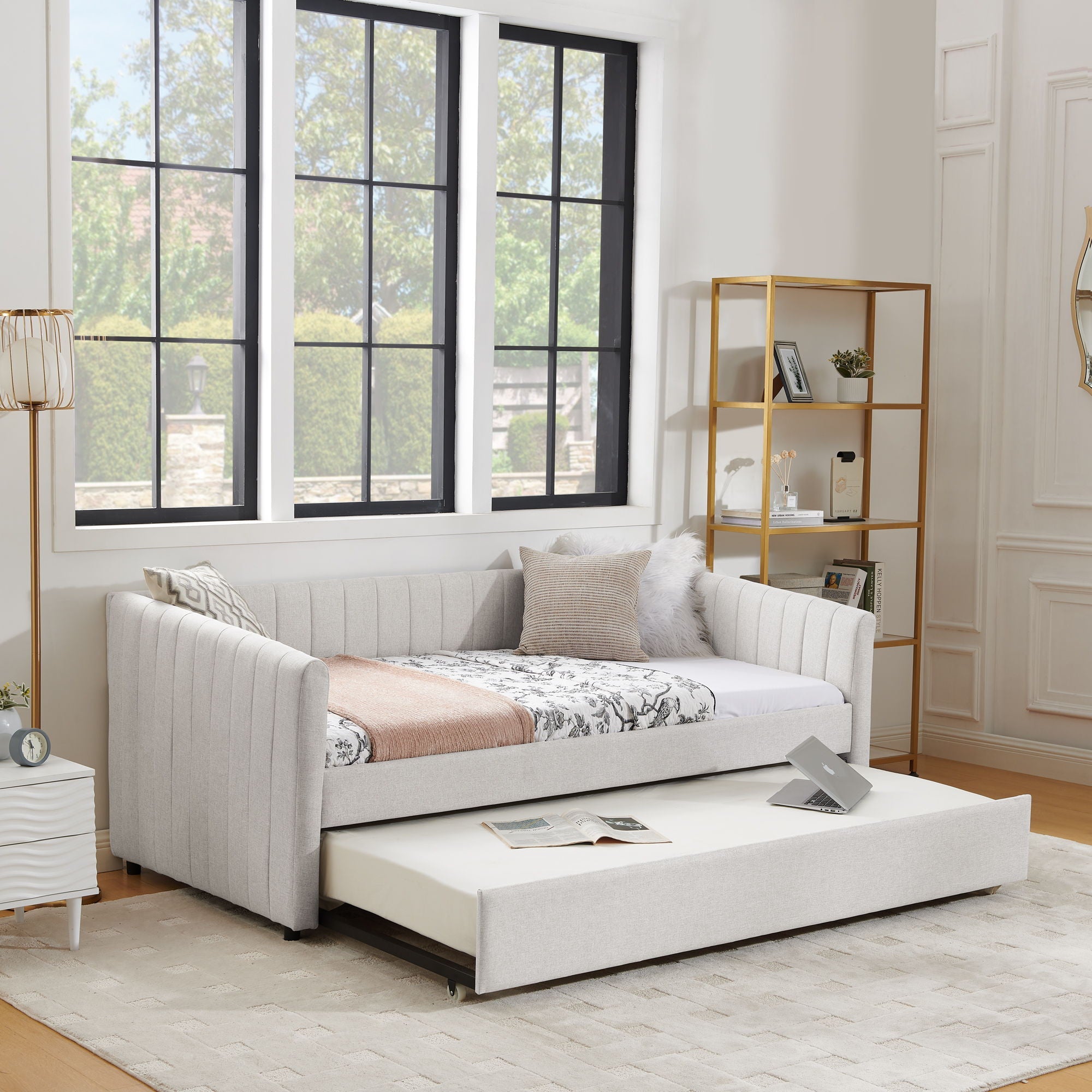 Upholstered Daybed With Trundle With Vertical Stripes