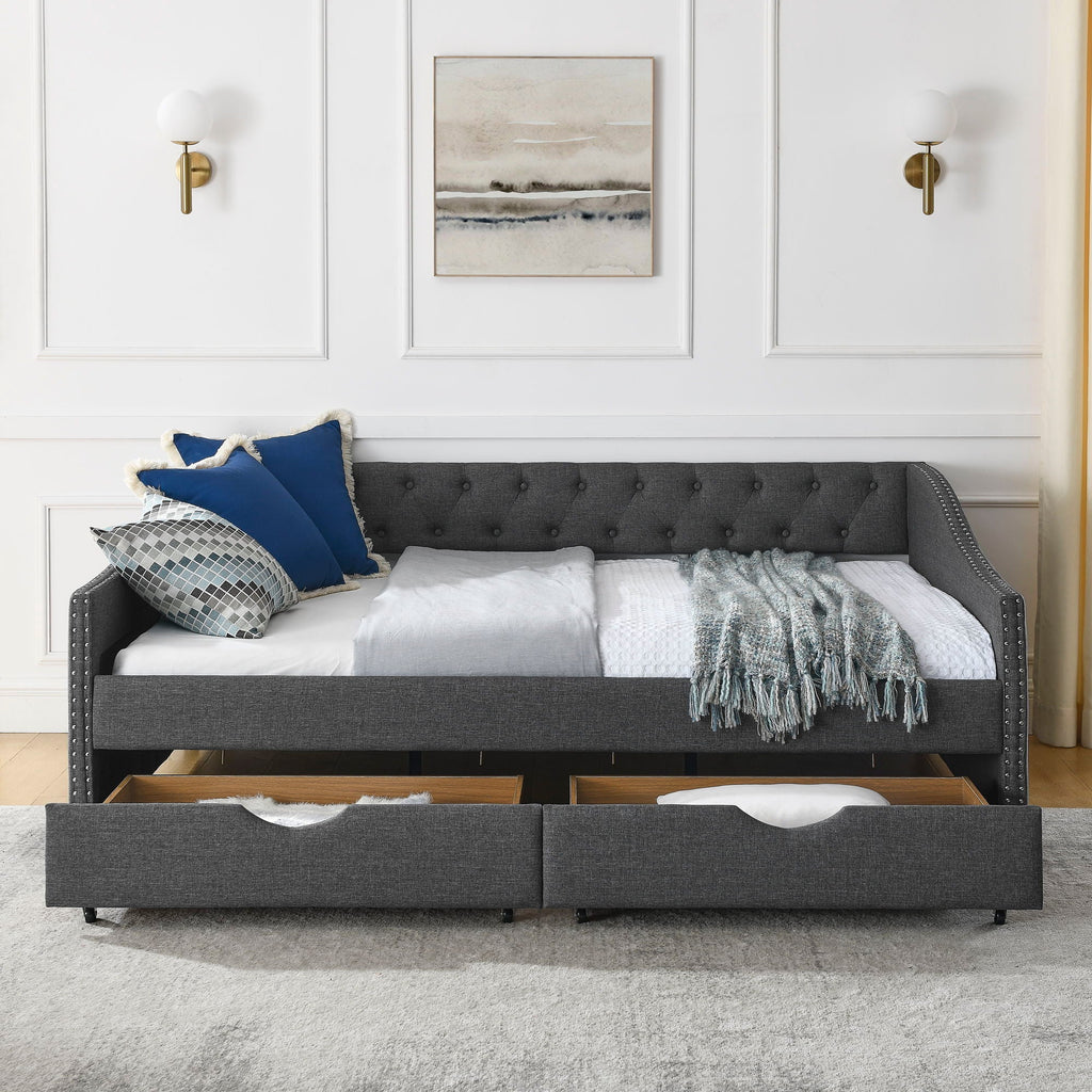 Upholstered Tufted Daybed With Drawers, Waved Arms