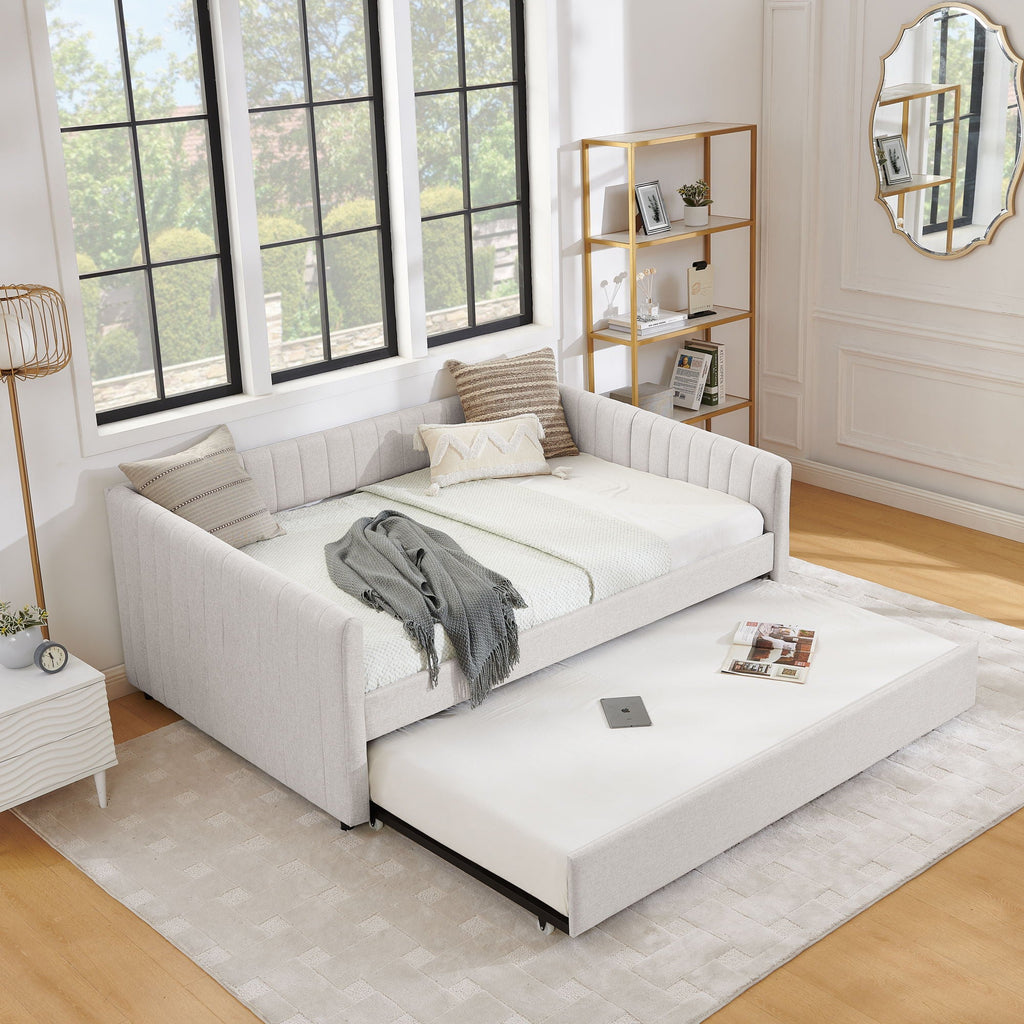 Upholstered Daybed With Trundle With Vertical Stripes