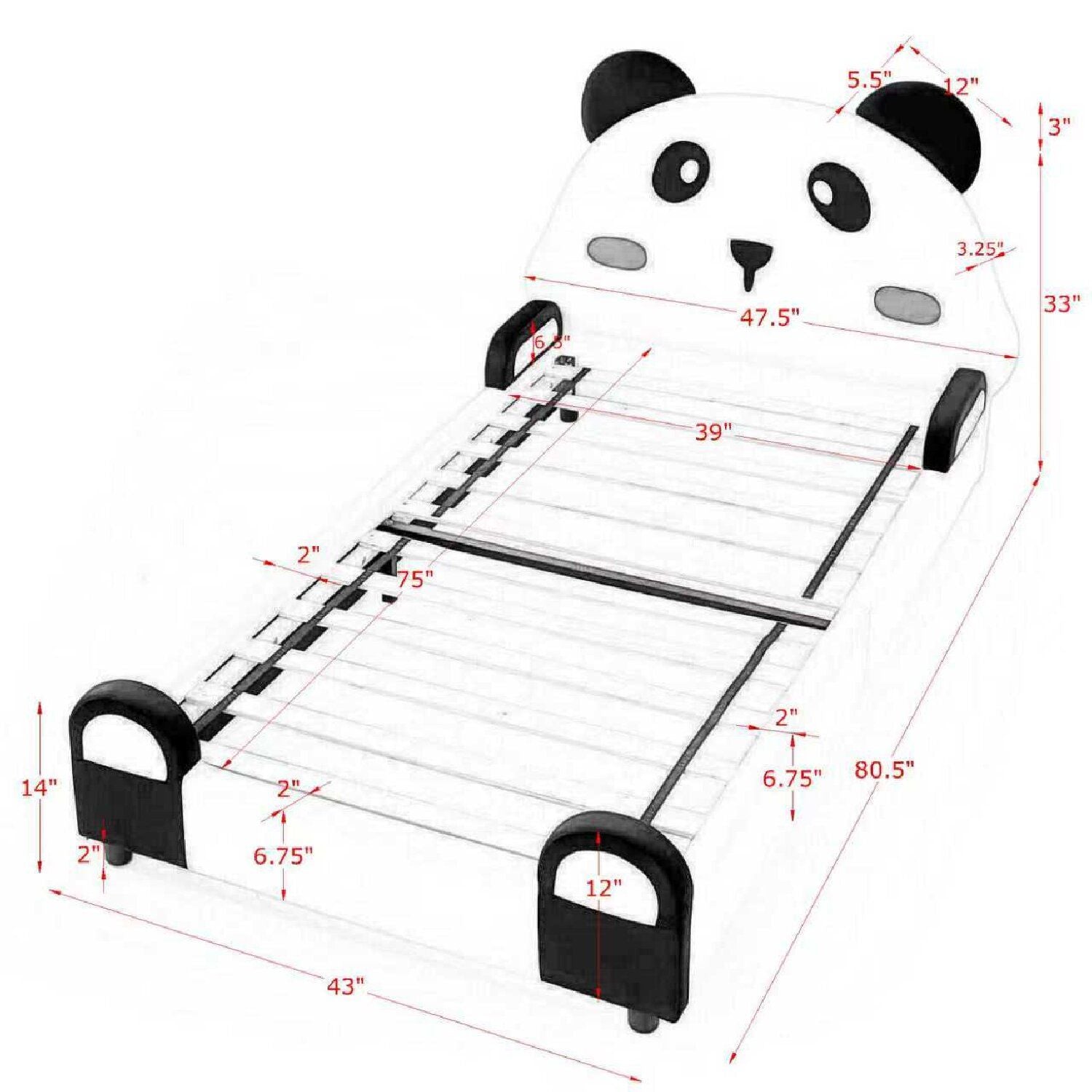 Twin Size Cute Panda Shaped Kids Bed - White / Black