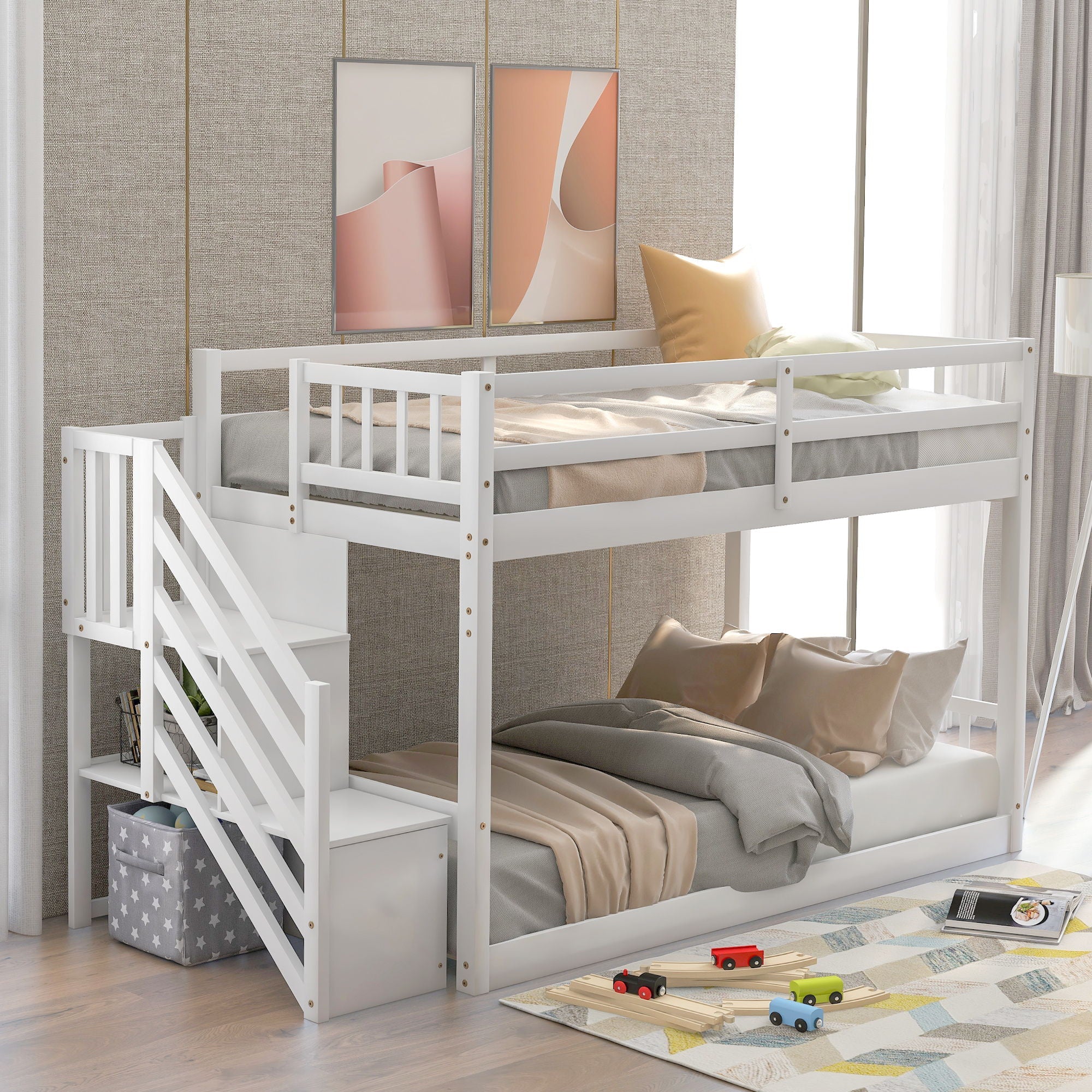 Norset - Twin Over Twin Floor Bunk Bed, Ladder With Storage