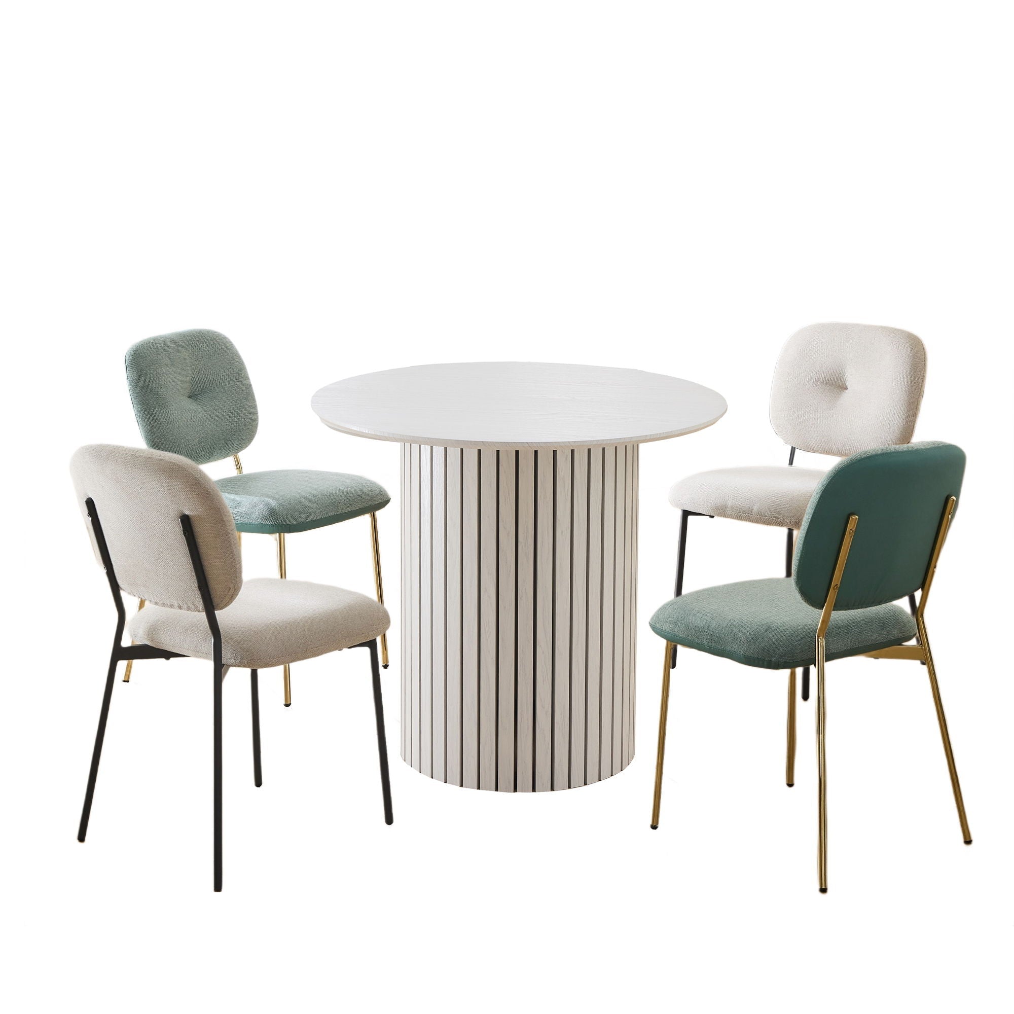 Modern 4 Person Dining Set With Bamboo & Table And Turquoise & Chairs Metal Legs, Space Saving Design - White