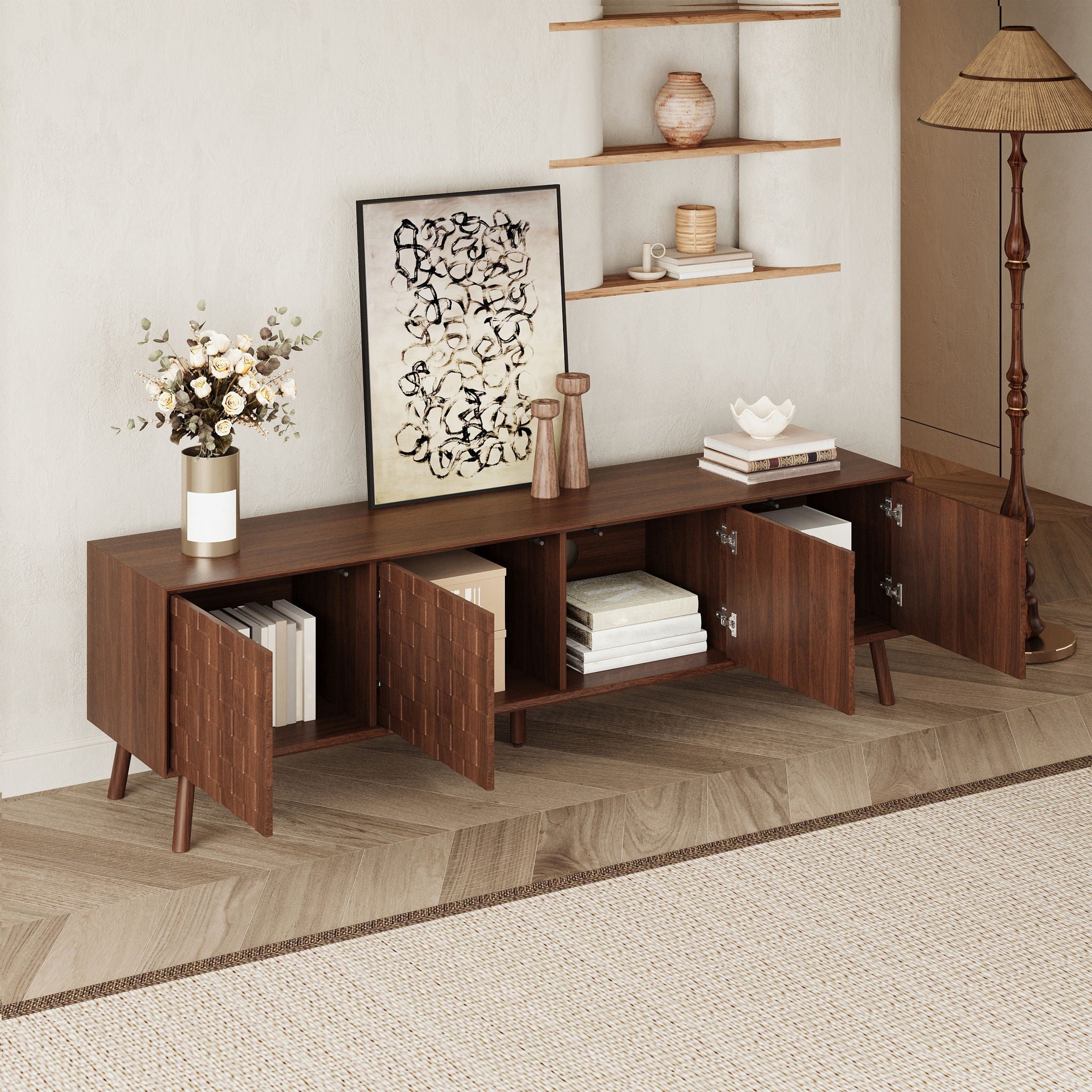 TV Stand With Soft Closing Hinges And Cable Management - Walnut